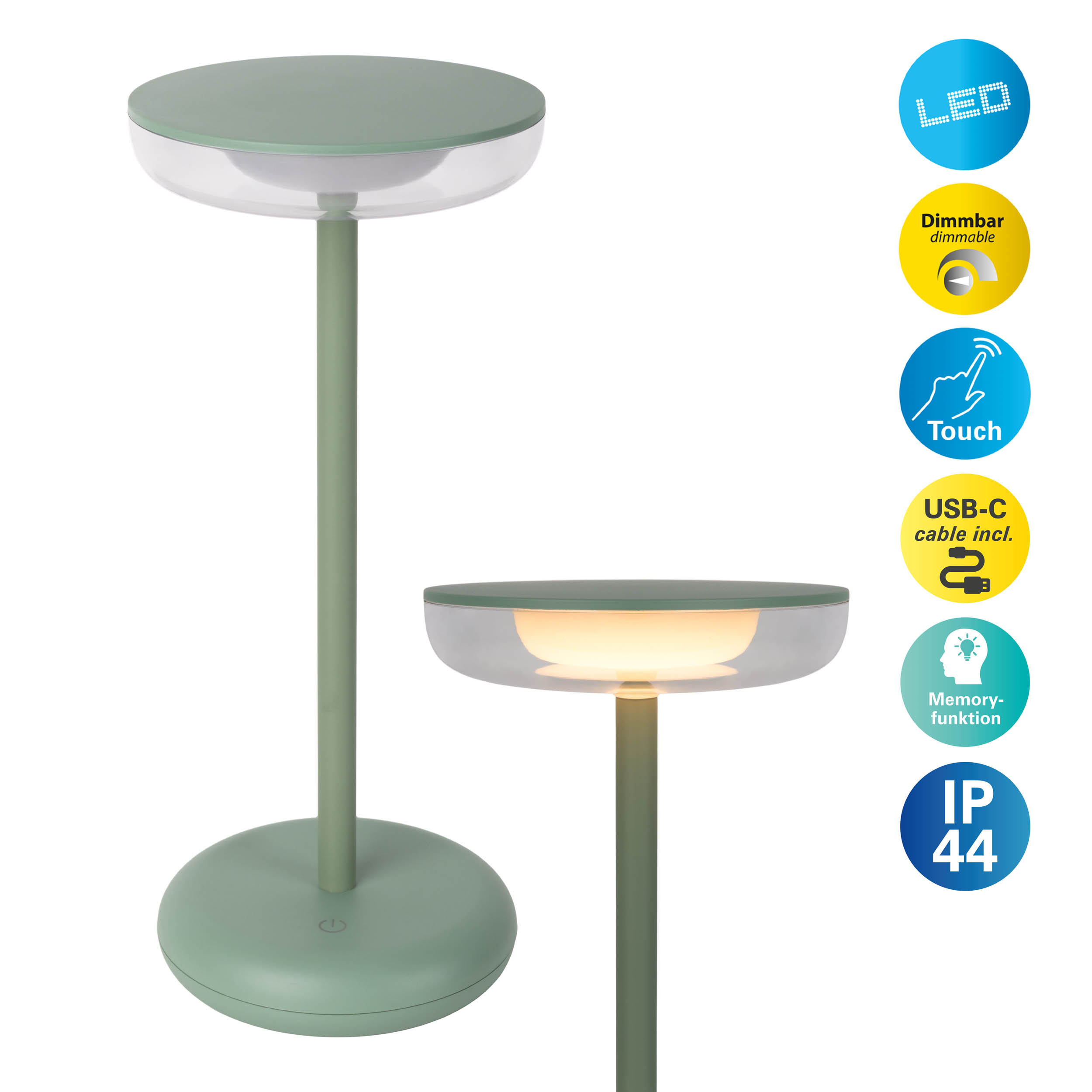 Grüne und weiße LED-Tischlampe mit Touch- und Dimmfunktion. USB-C-Kabel inklusive. Symbole sichtbar.