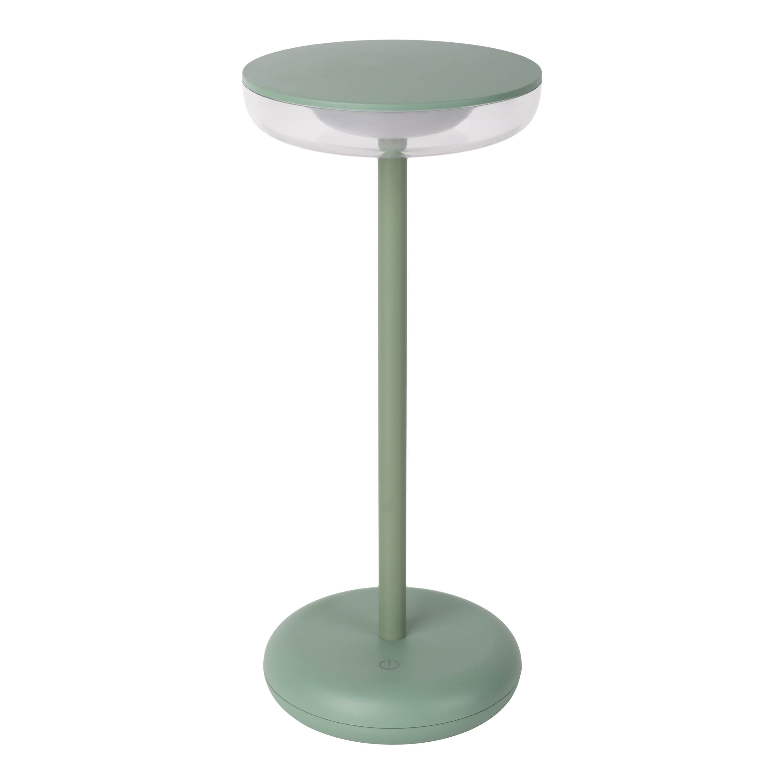 Eine grün-weiße Lampe mit rundem Fuß und Oberteil, mit einem Ein-/Ausschalter.