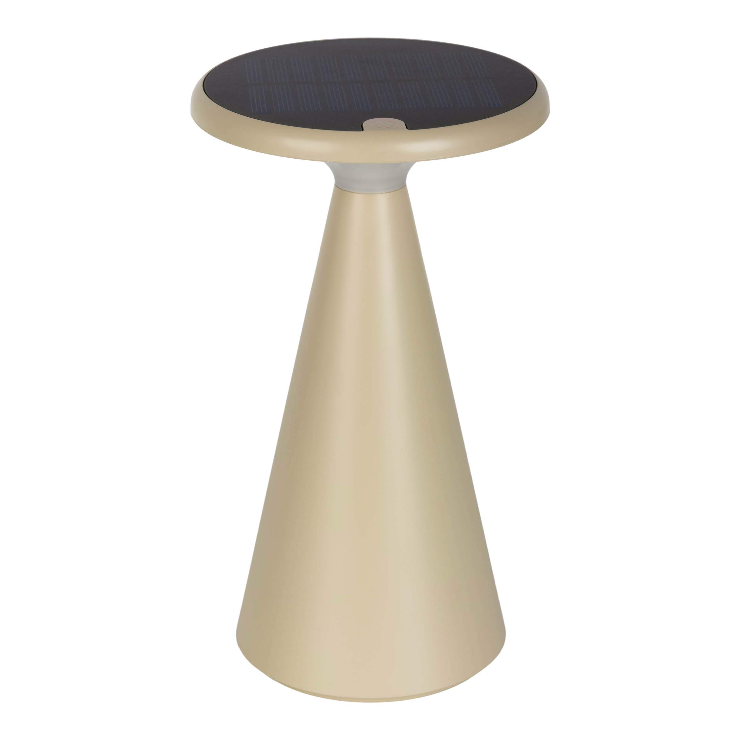 Eine solarbetriebene beige Lampe mit konischem Sockel und rundem Oberteil.