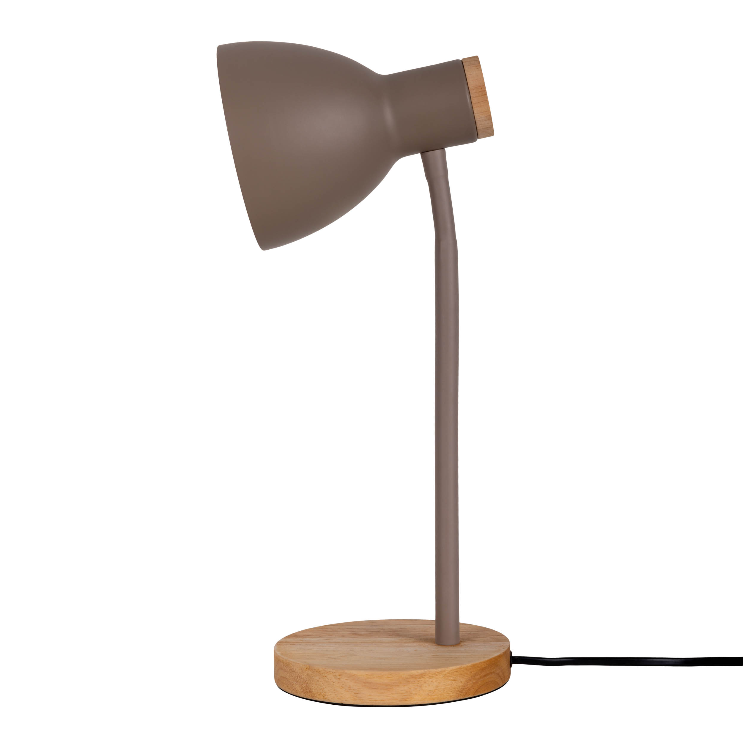 Graue Schreibtischlampe mit geschwungenem Schirm, Holzfuß und langem Stiel. Kabel ist schwarz.