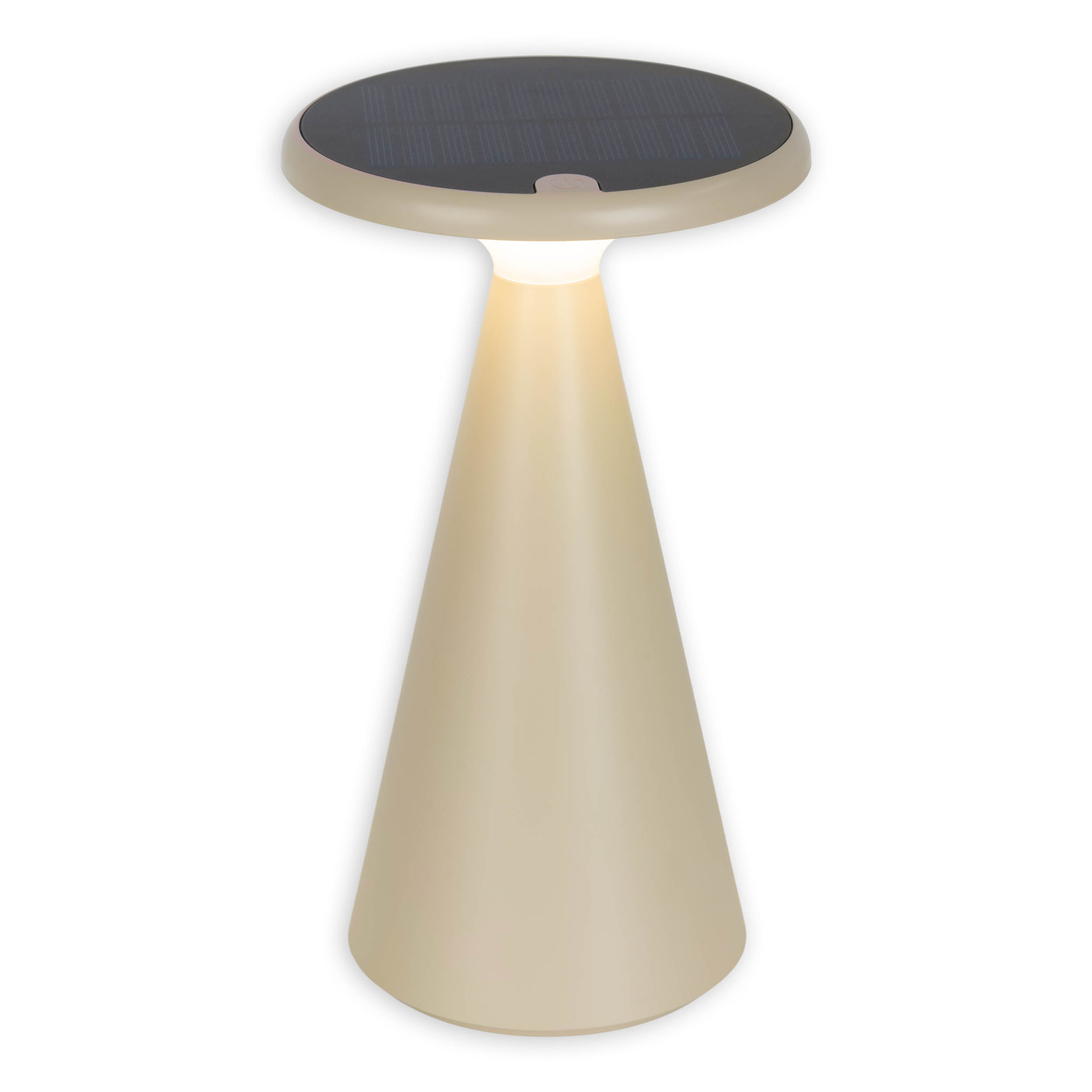 Eine beige Outdoor-Lampe mit Solarpanel oben ist auf Weiß isoliert.