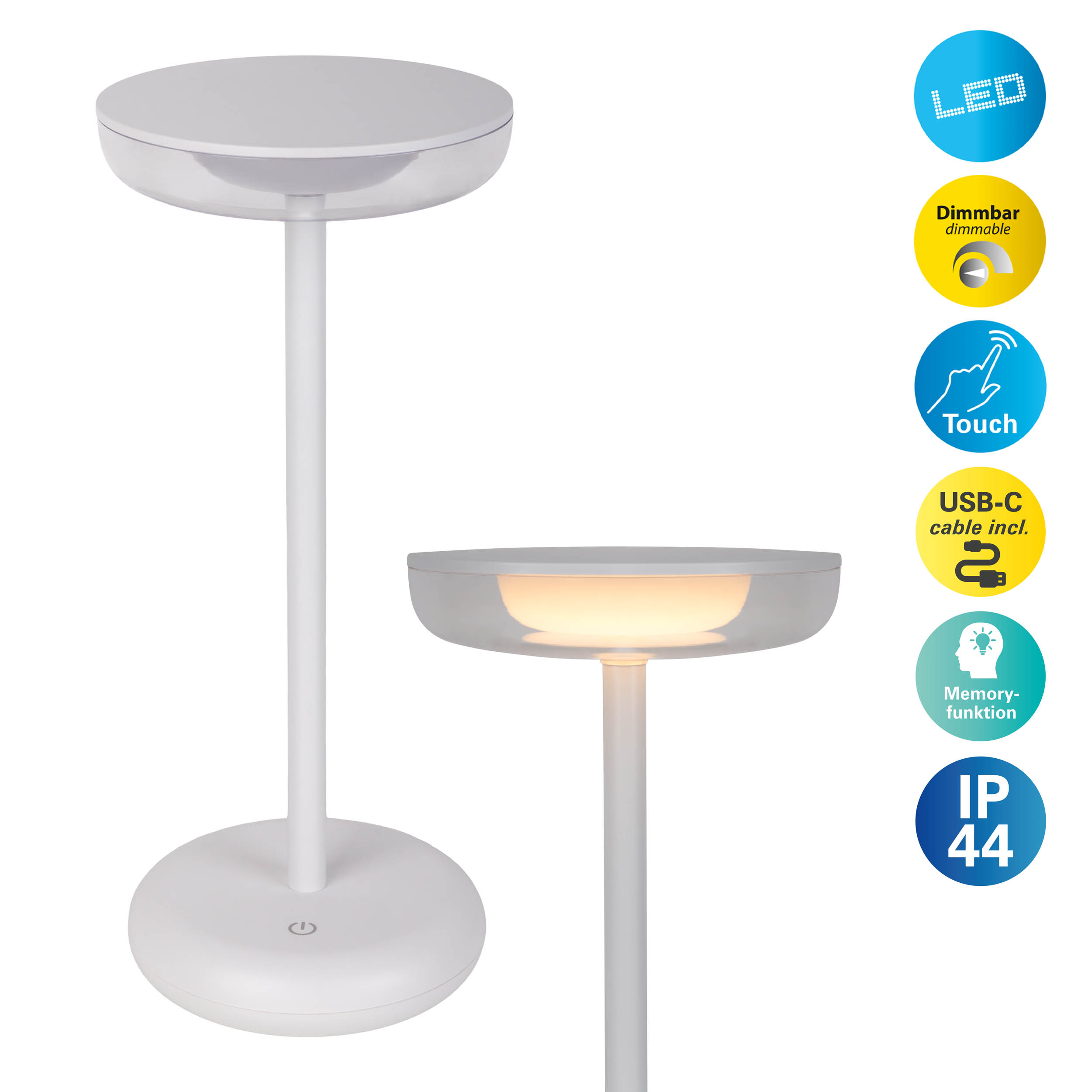 Zwei weiße Nachttischlampen auf einem weißen Tisch, mit Symbolen und Text.