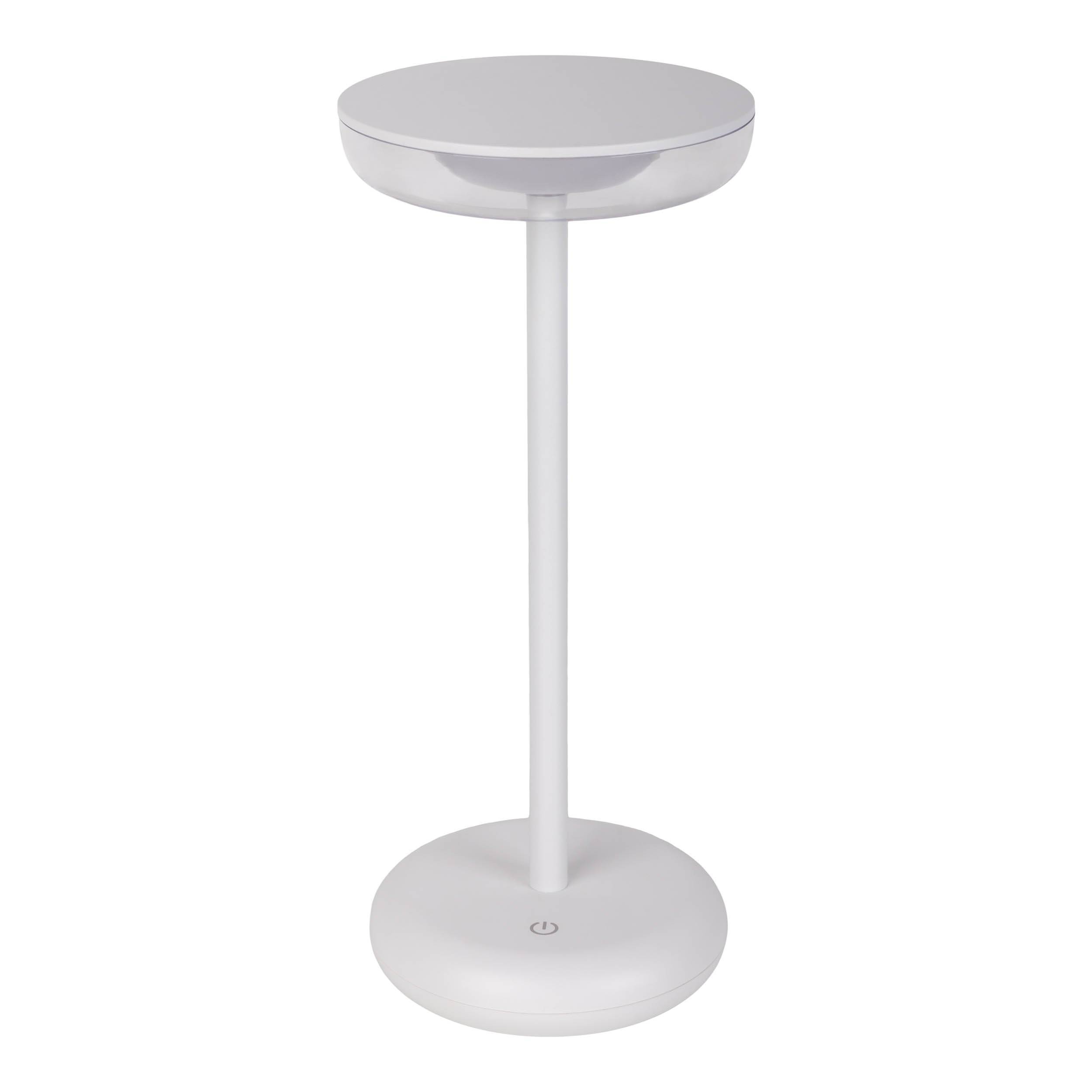 Weiße Nachttischlampe mit rundem Sockel und Oberteil. Weißer Hintergrund.