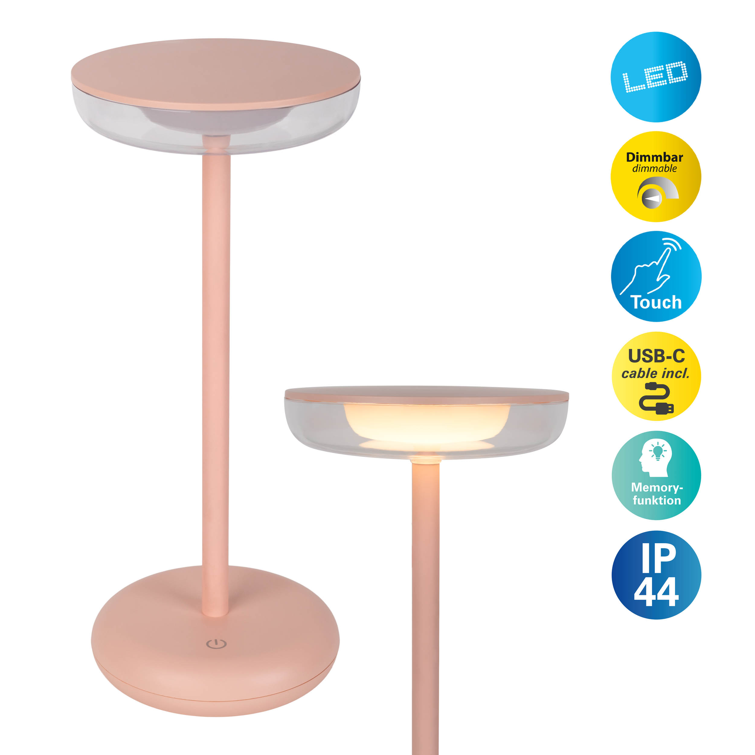 Zwei rosa Lampen, eine mit Text, der Merkmale wie LED und USB-C-Kabel angibt.