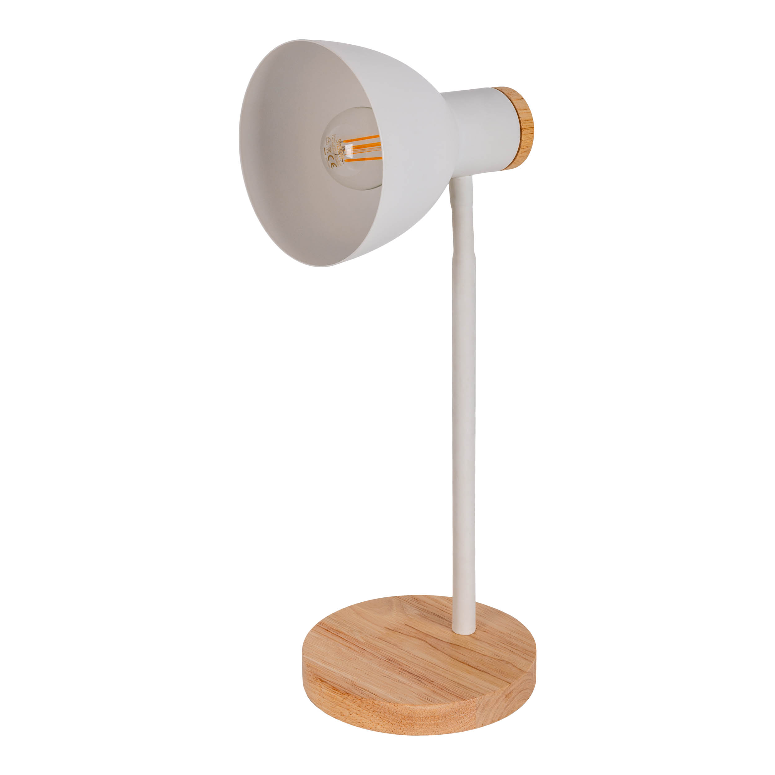 Eine weiße Schreibtischlampe mit Holzsockel, weißem Schirm und sichtbarer Glühbirne.