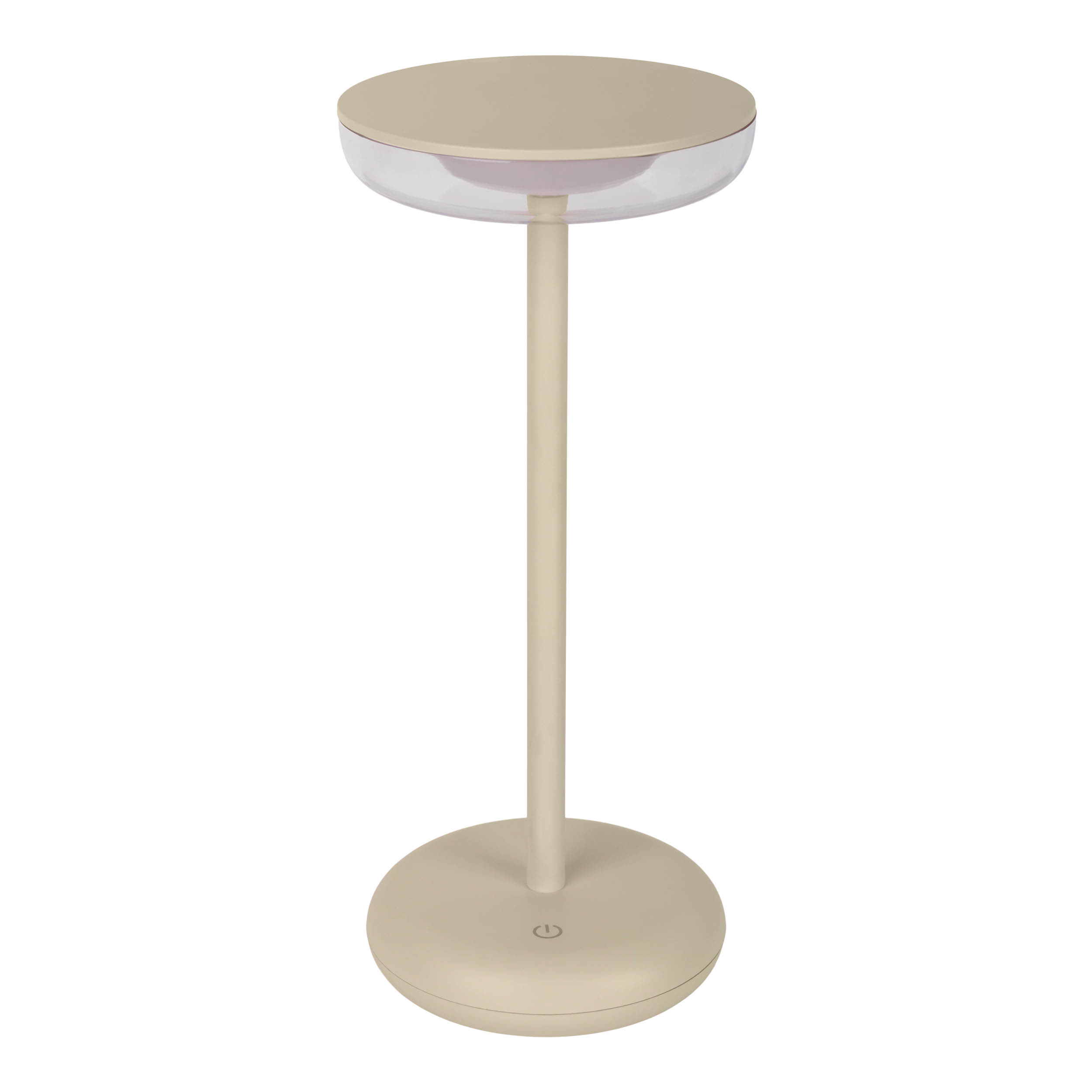 Eine beige Nachttischlampe mit rundem Sockel und transparentem Oberteil, auf weißem Hintergrund.