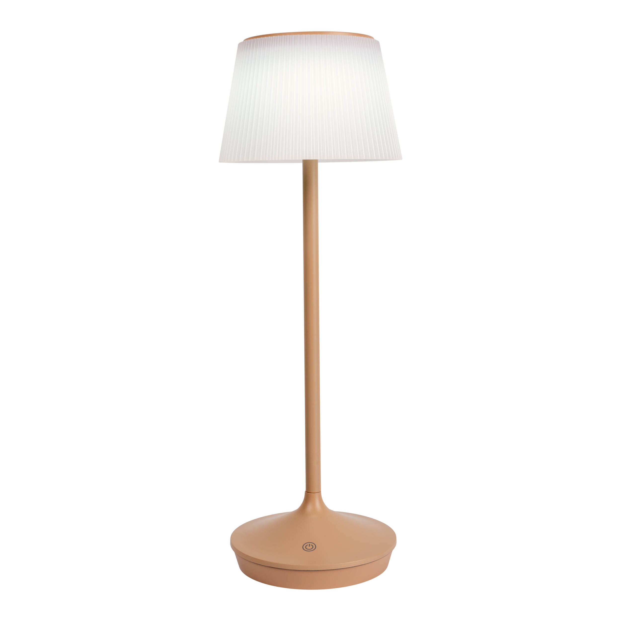 Eine Stehlampe mit beigem Sockel und Stiel. Sie hat einen weißen, plissierten Lampenschirm.