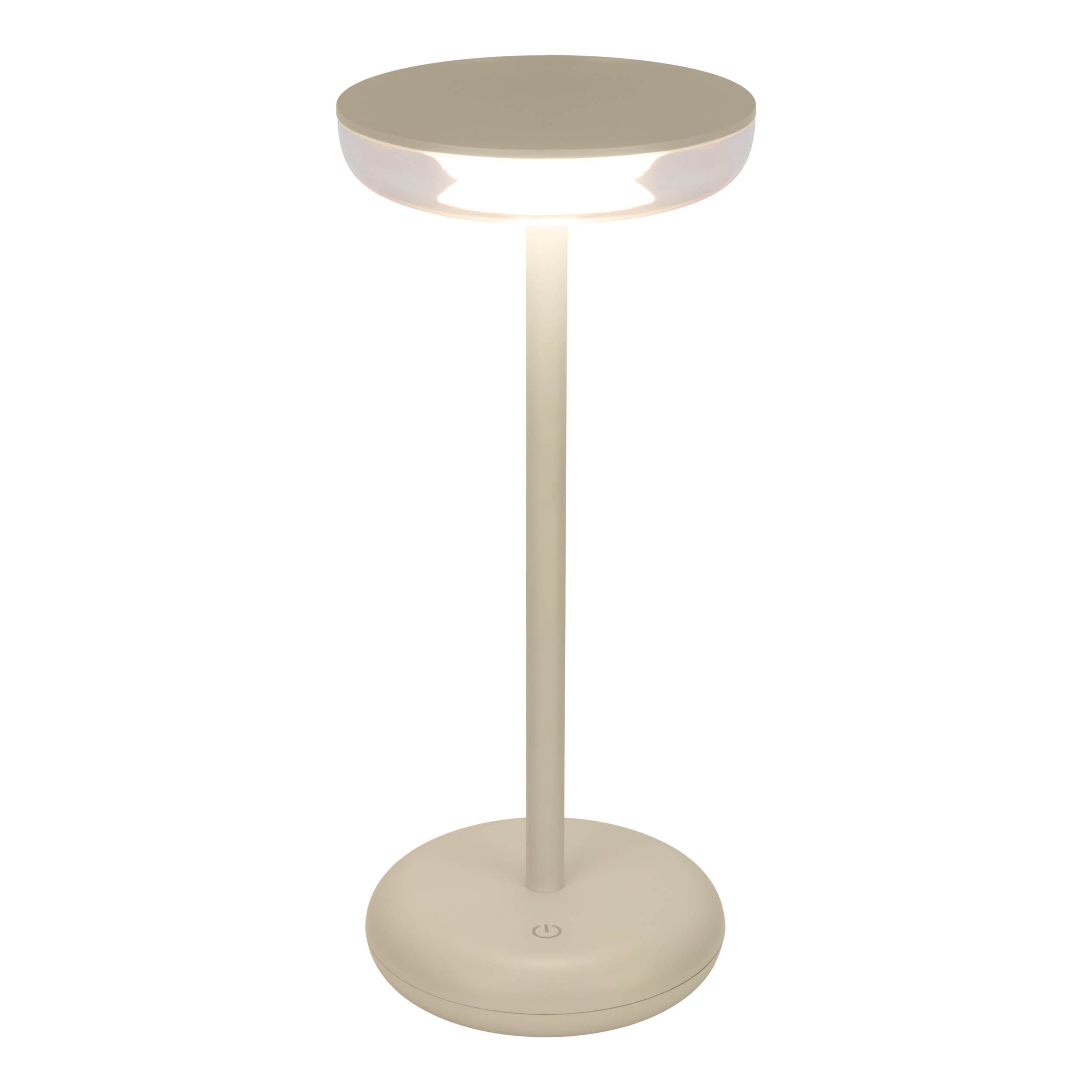 Eine weiß-beige Tischlampe mit rundem Sockel und leuchtendem Oberteil.