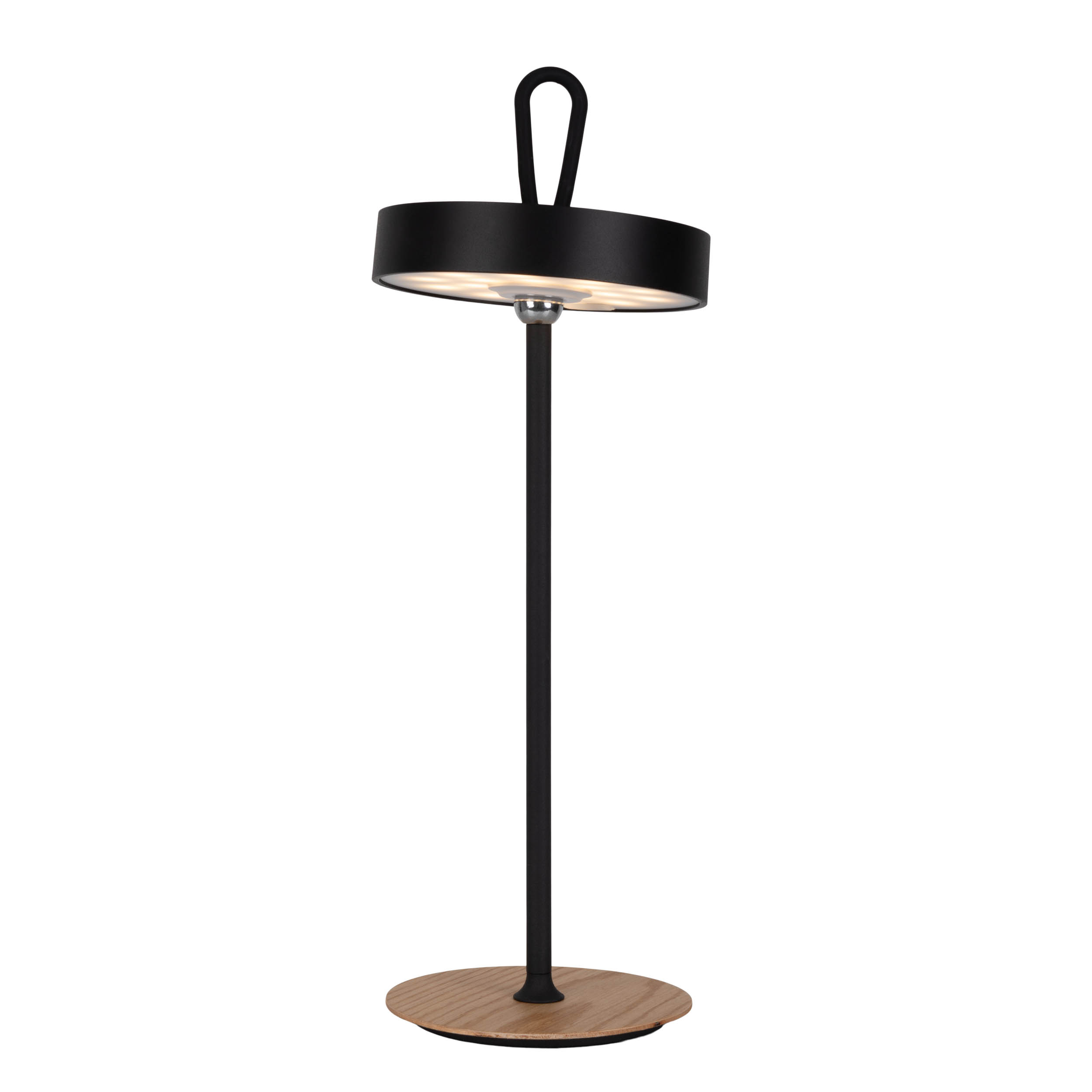Schwarz-weiße Tischlampe mit rundem Kopf mit Lichtern und einer Schlaufe.