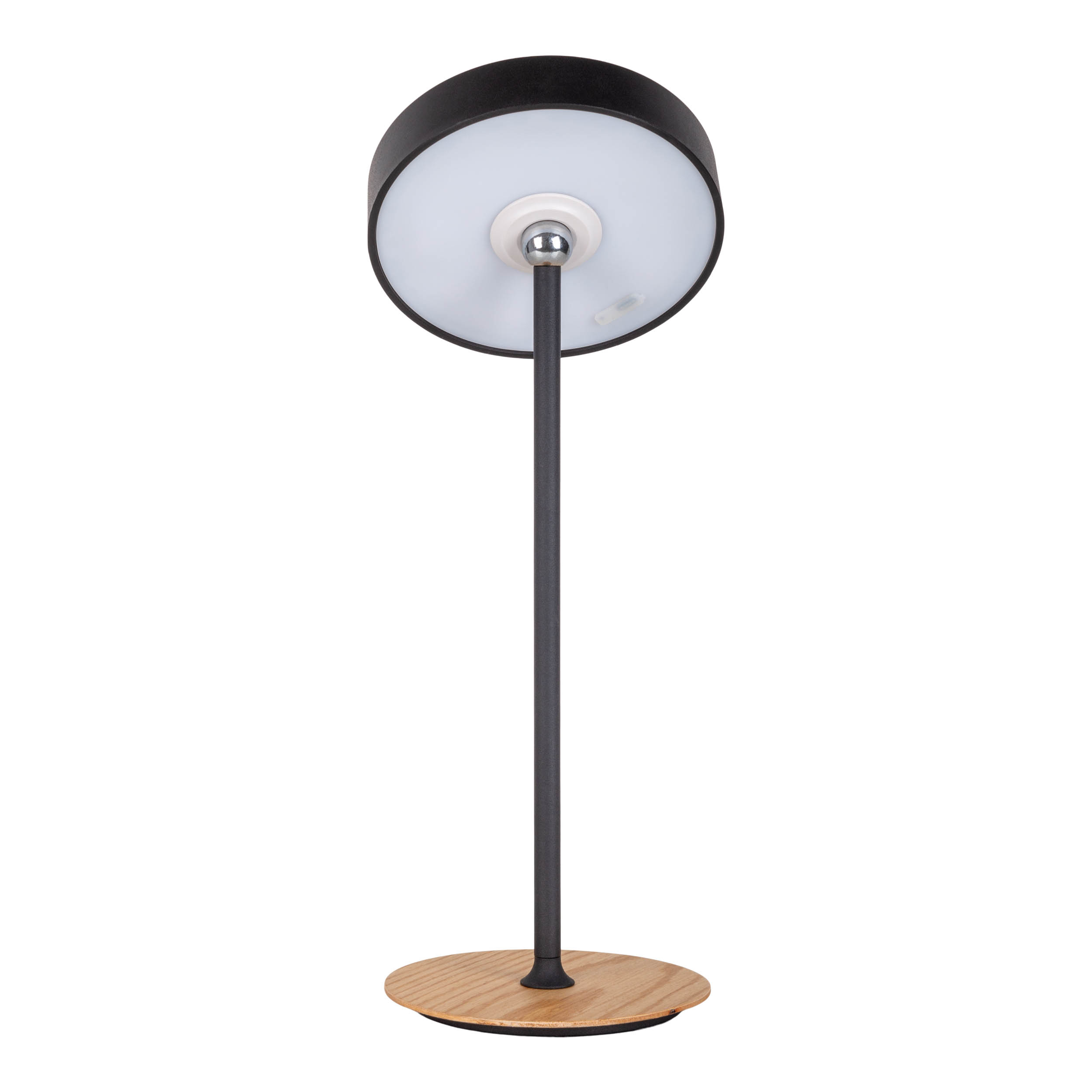 Moderne schwarz-weiße Tischlampe, runder Sockel, hoher Stiel und runde Leuchte.