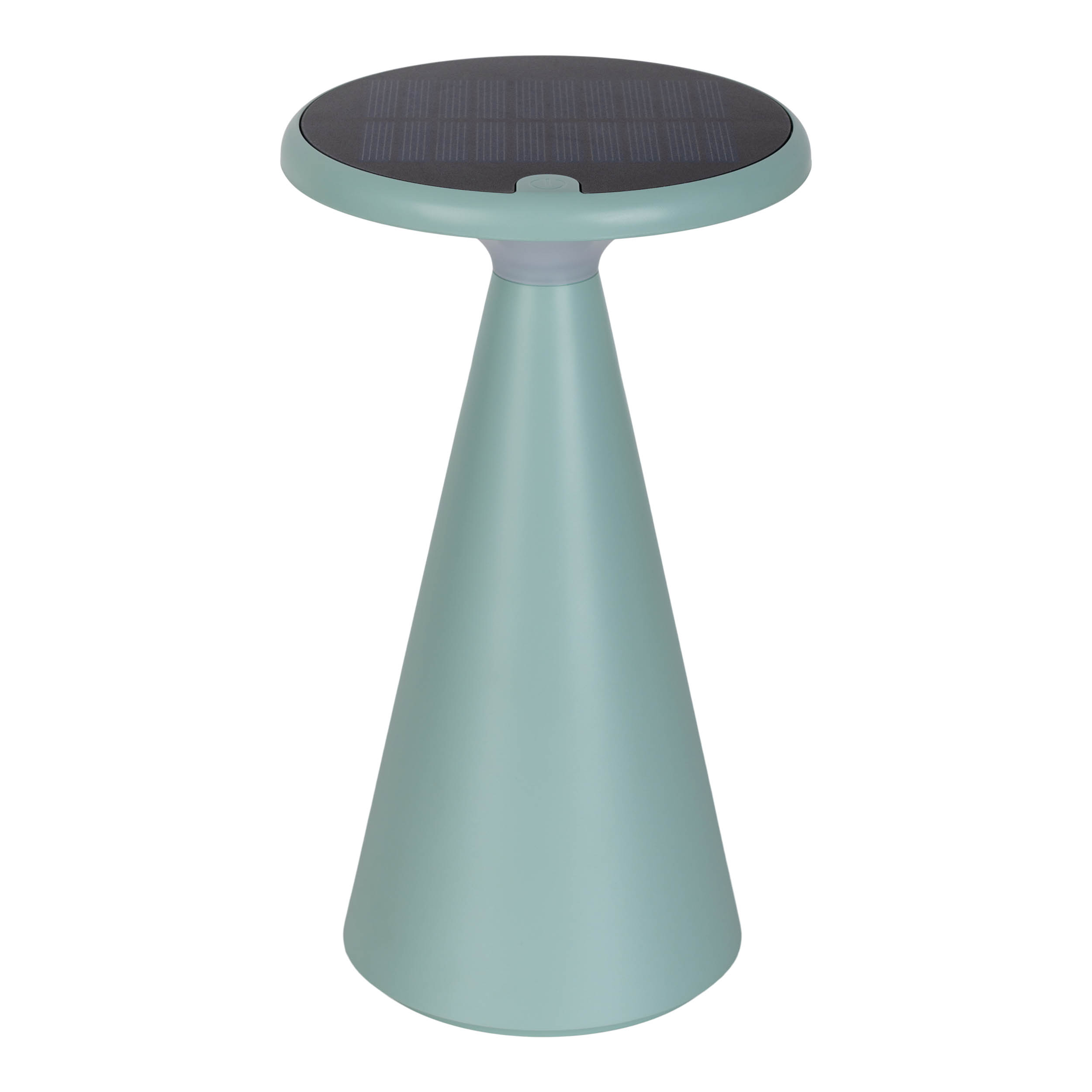 Eine türkisgrüne, kegelförmige Lampe mit Solarpanel oben, vor weißem Hintergrund.