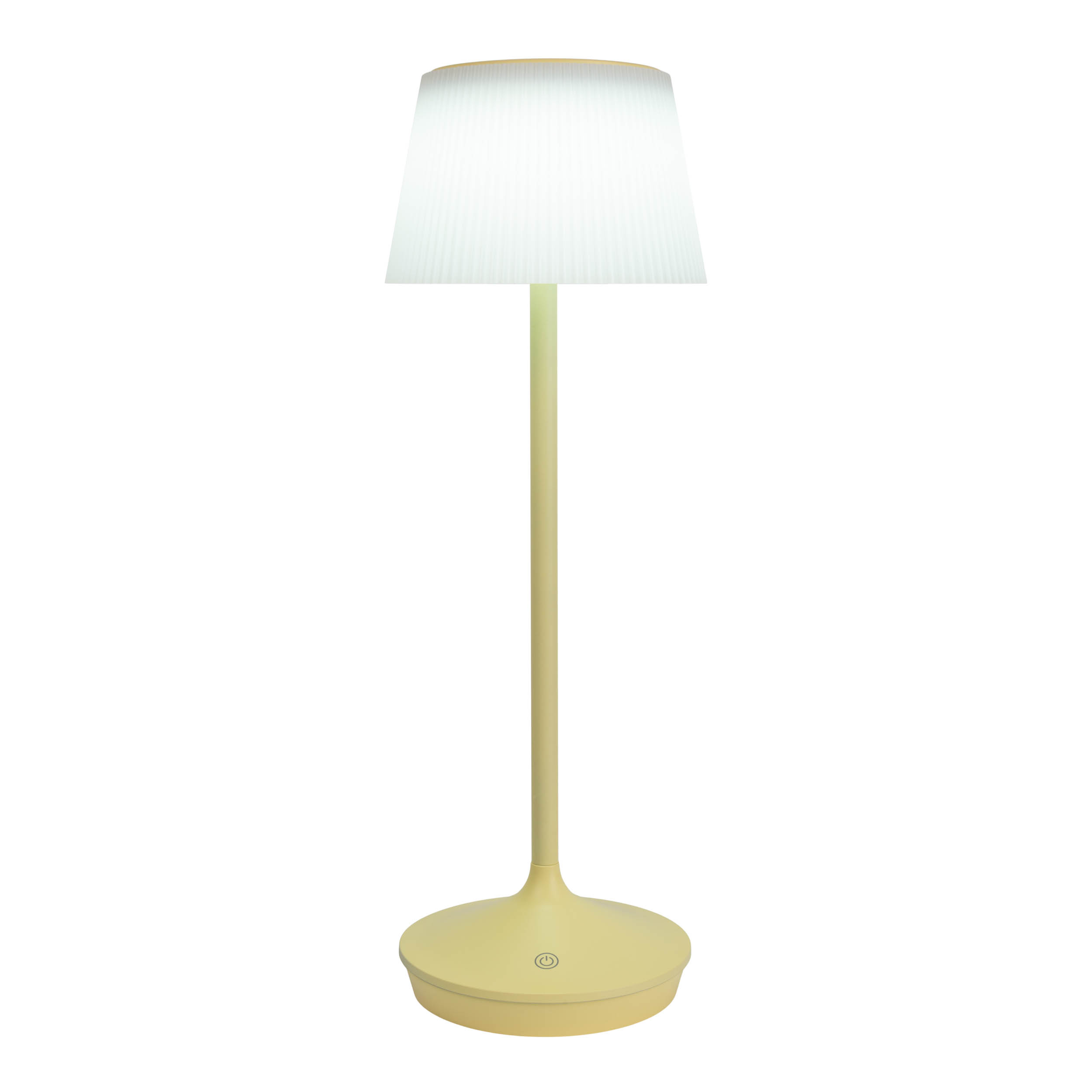 Eine gelbe Stehlampe mit weißem Lampenschirm, isoliert auf weißem Hintergrund.