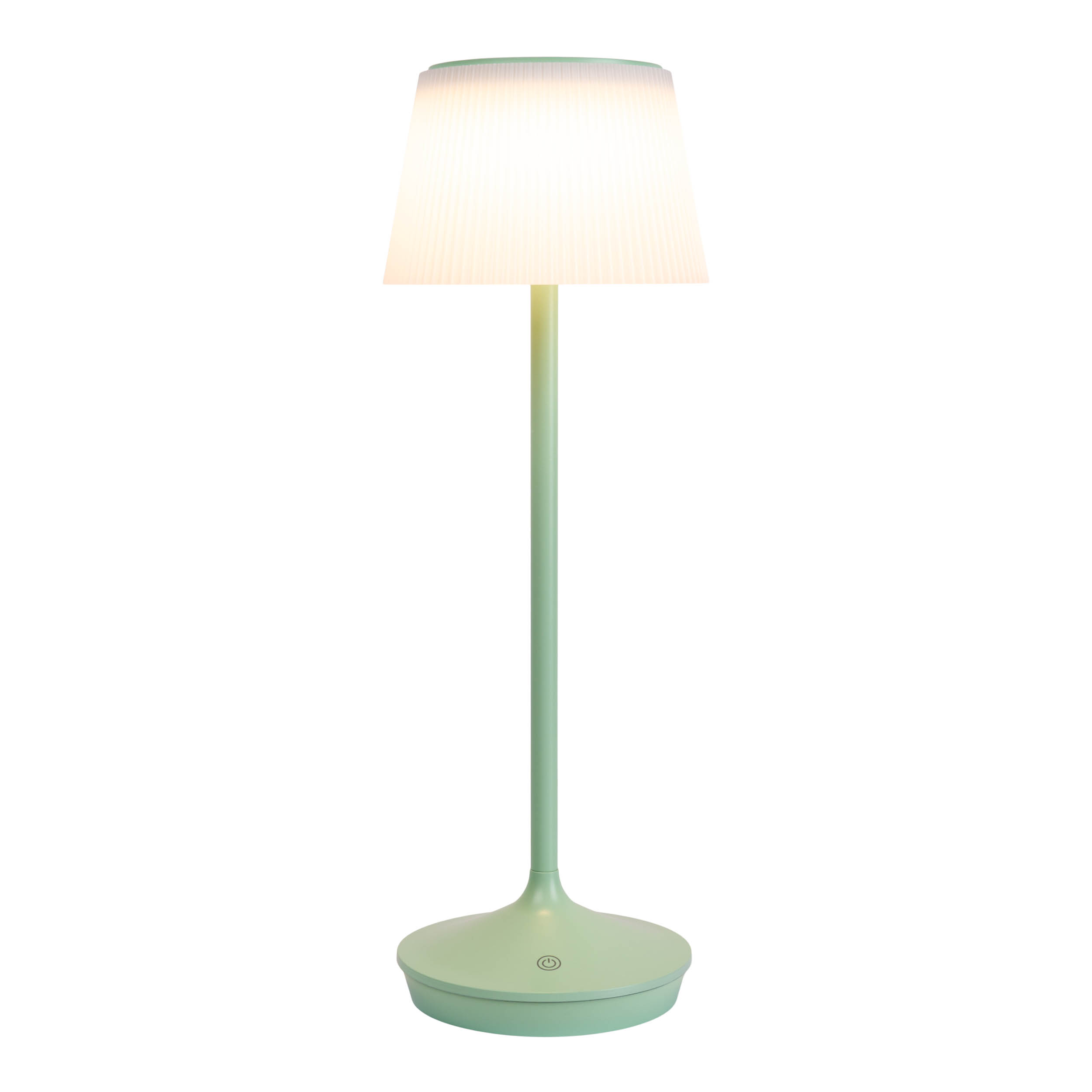 Eine hellgrüne Stehlampe mit weißem Lampenschirm. Sie steht auf weißem Hintergrund.