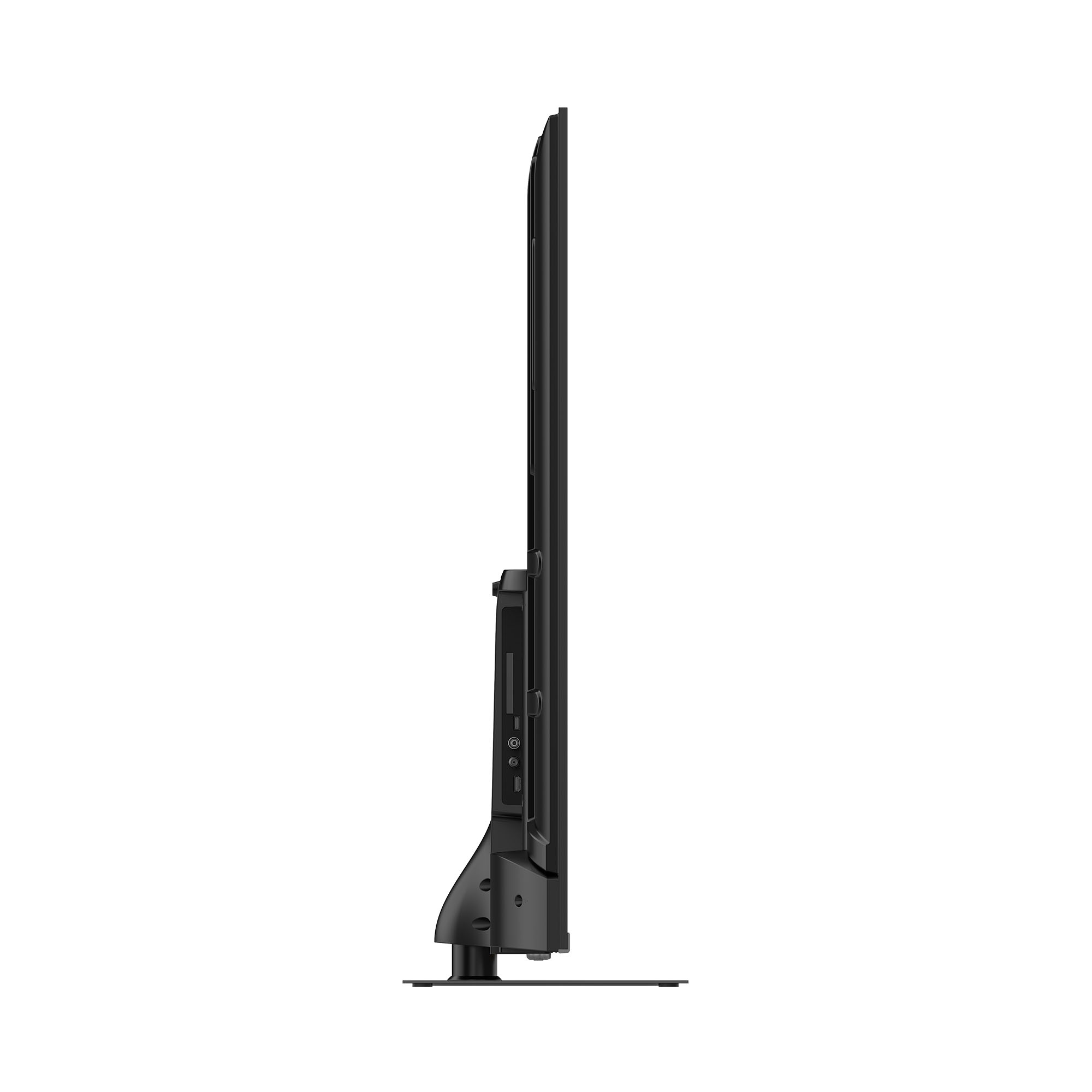 Vista laterale di una TV nera e sottile, con un supporto nero.