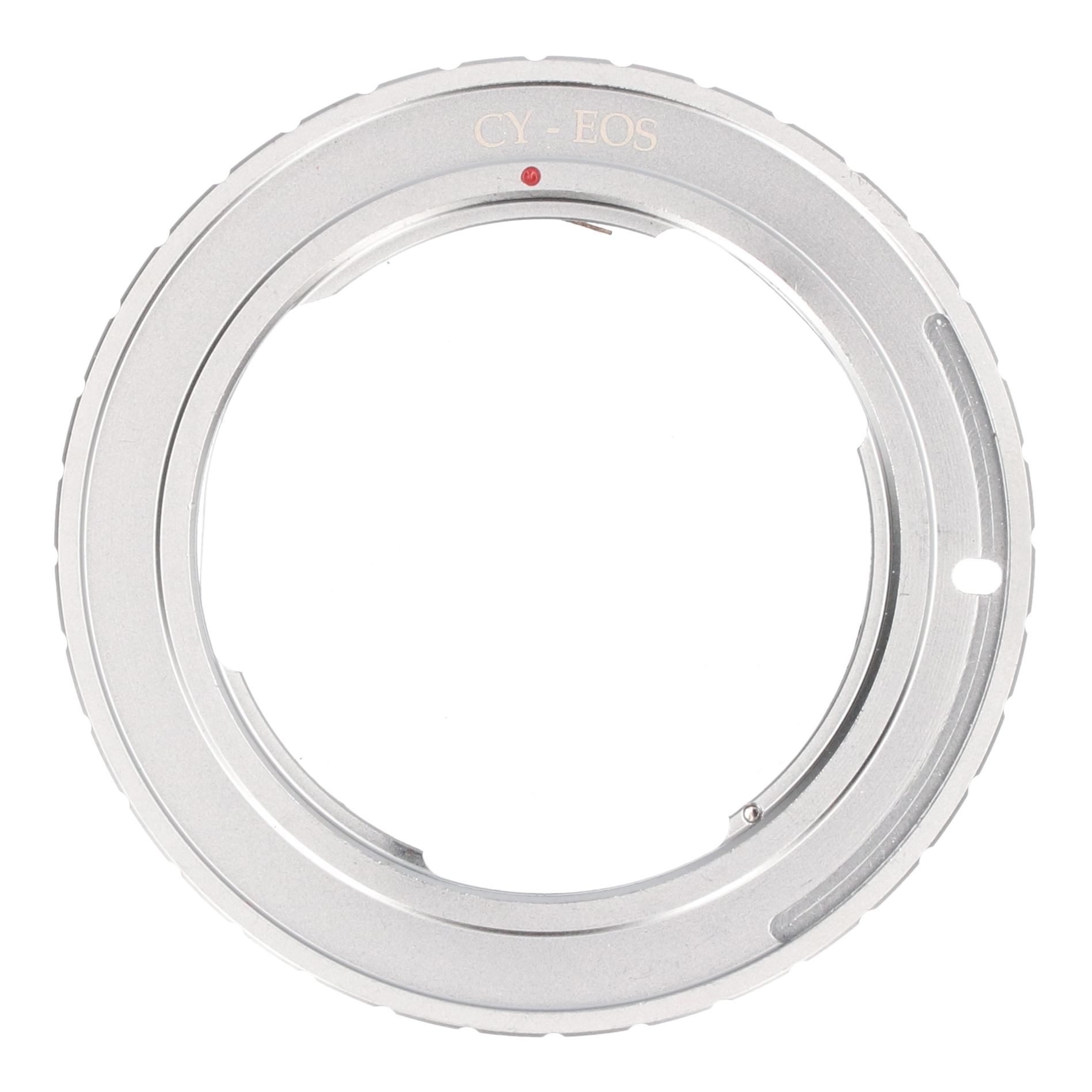 Silberner CY-EOS Objektivadapterring mit Markierungen und einem roten Punkt. Der Adapter ist kreisförmig.