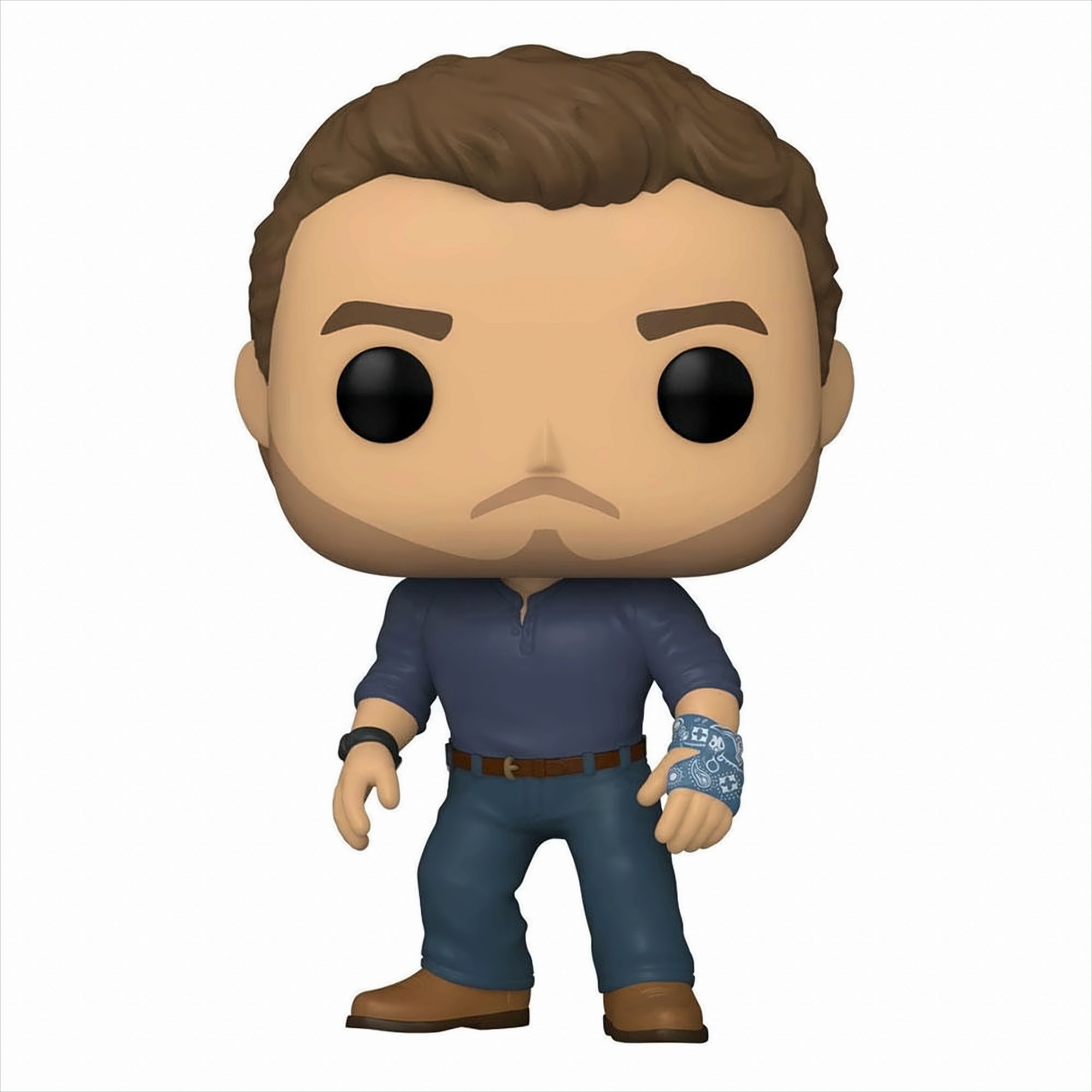 Eine Funko Pop Figur eines Mannes mit braunen Haaren, der ein blaues Hemd und Jeans trägt.