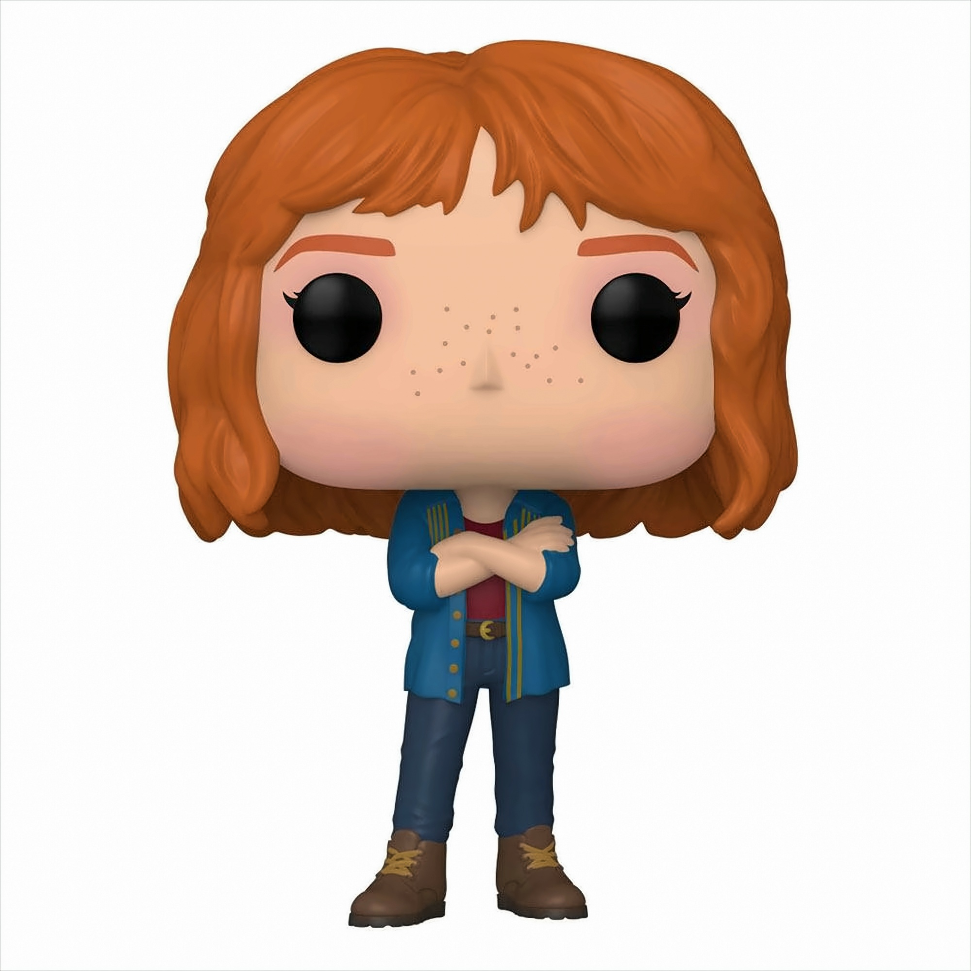 Funko Pop-Figur einer Frau mit roten Haaren, blauer Jacke, Jeans, verschränkten Armen.