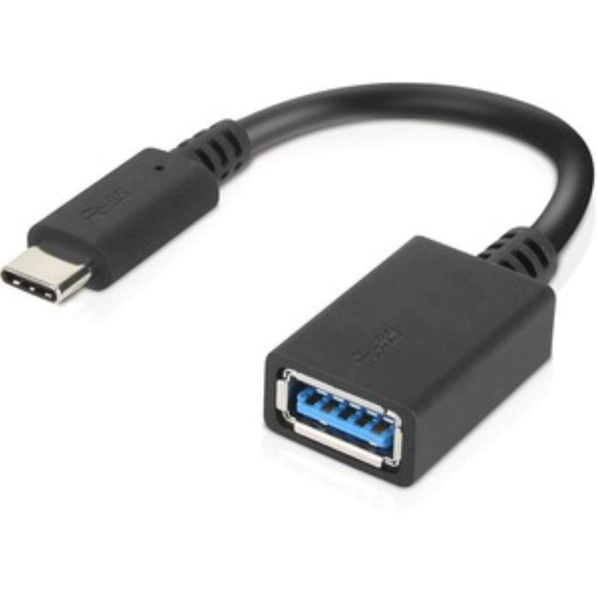 Un cavo adattatore da USB-C a USB nero, con un connettore USB-C e una porta USB 3.0.