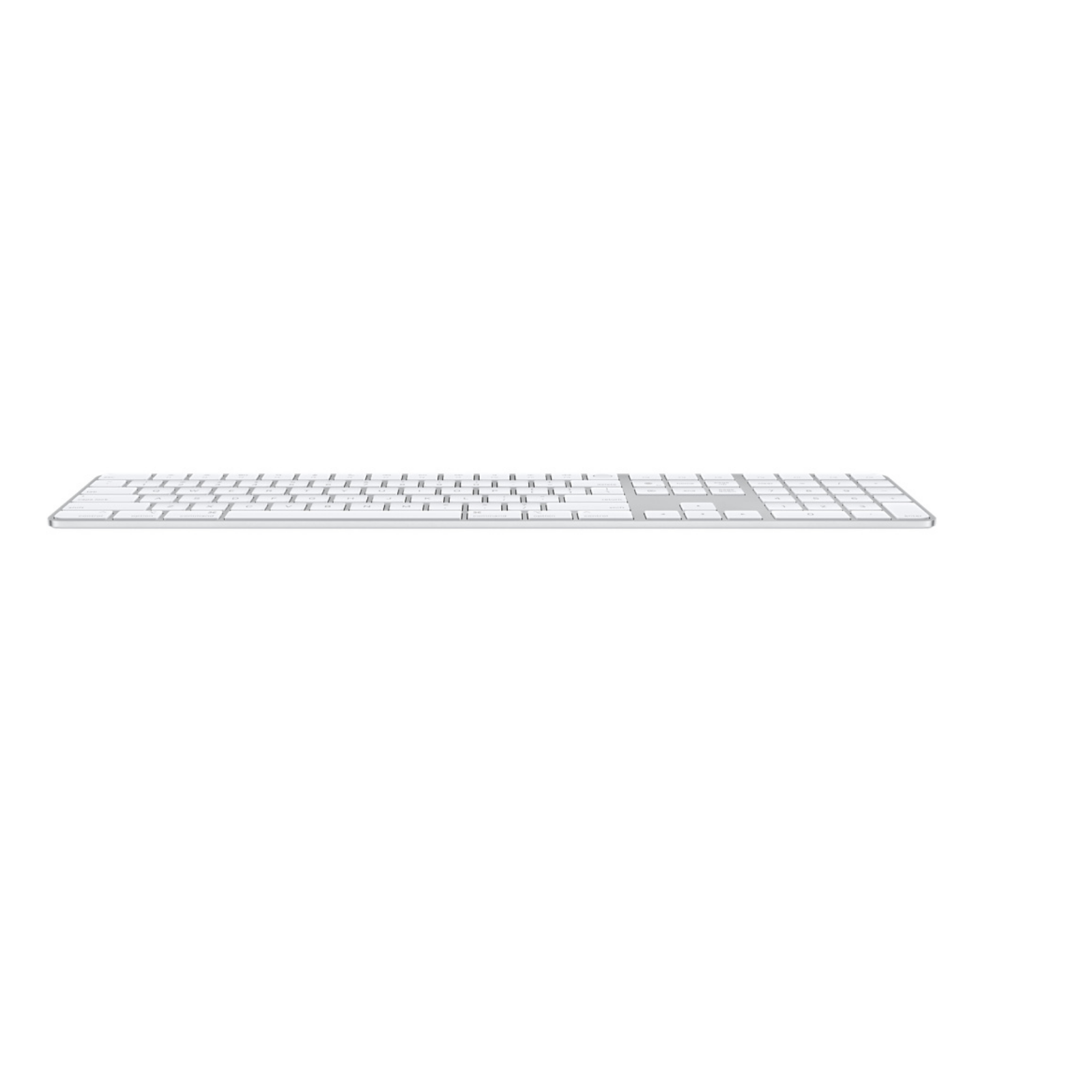 Biała klawiatura Apple na białym tle. Klawiatura ma płaski, minimalistyczny design.