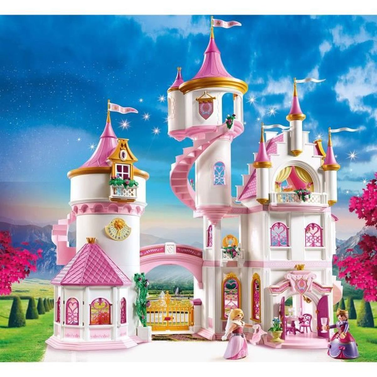 Ein Spielzeugschloss-Set mit rosa und weißen Türmen und Figuren.