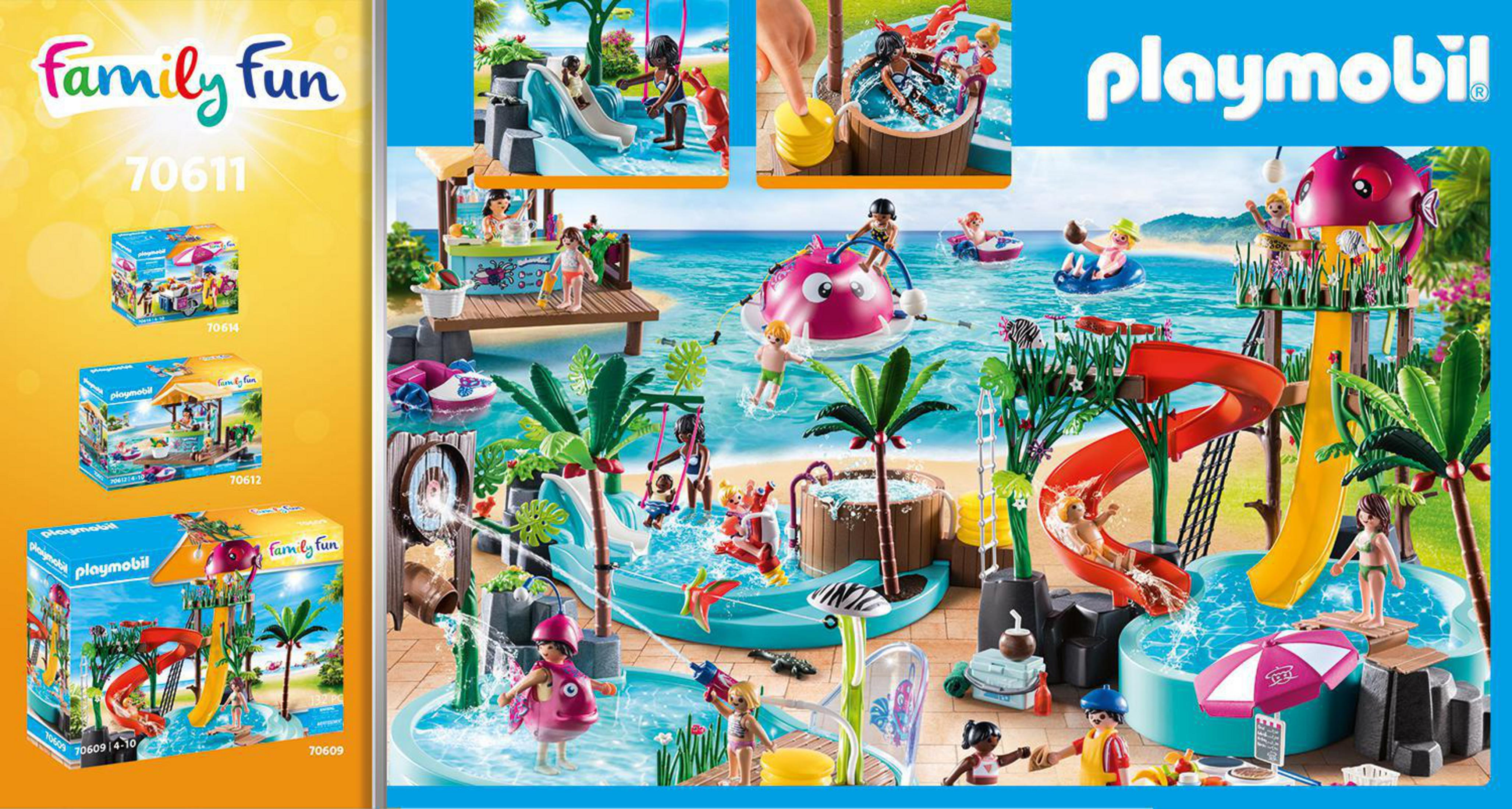 Zestaw Playmobil Family Fun ze zjeżdżalniami i basenami, postaciami i akcesoriami.