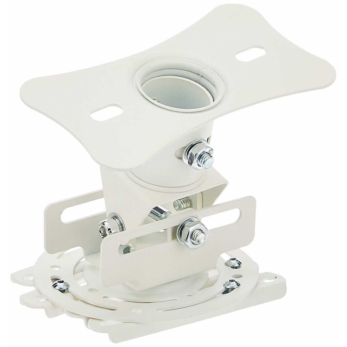 White projector mount with bolts and screws.
