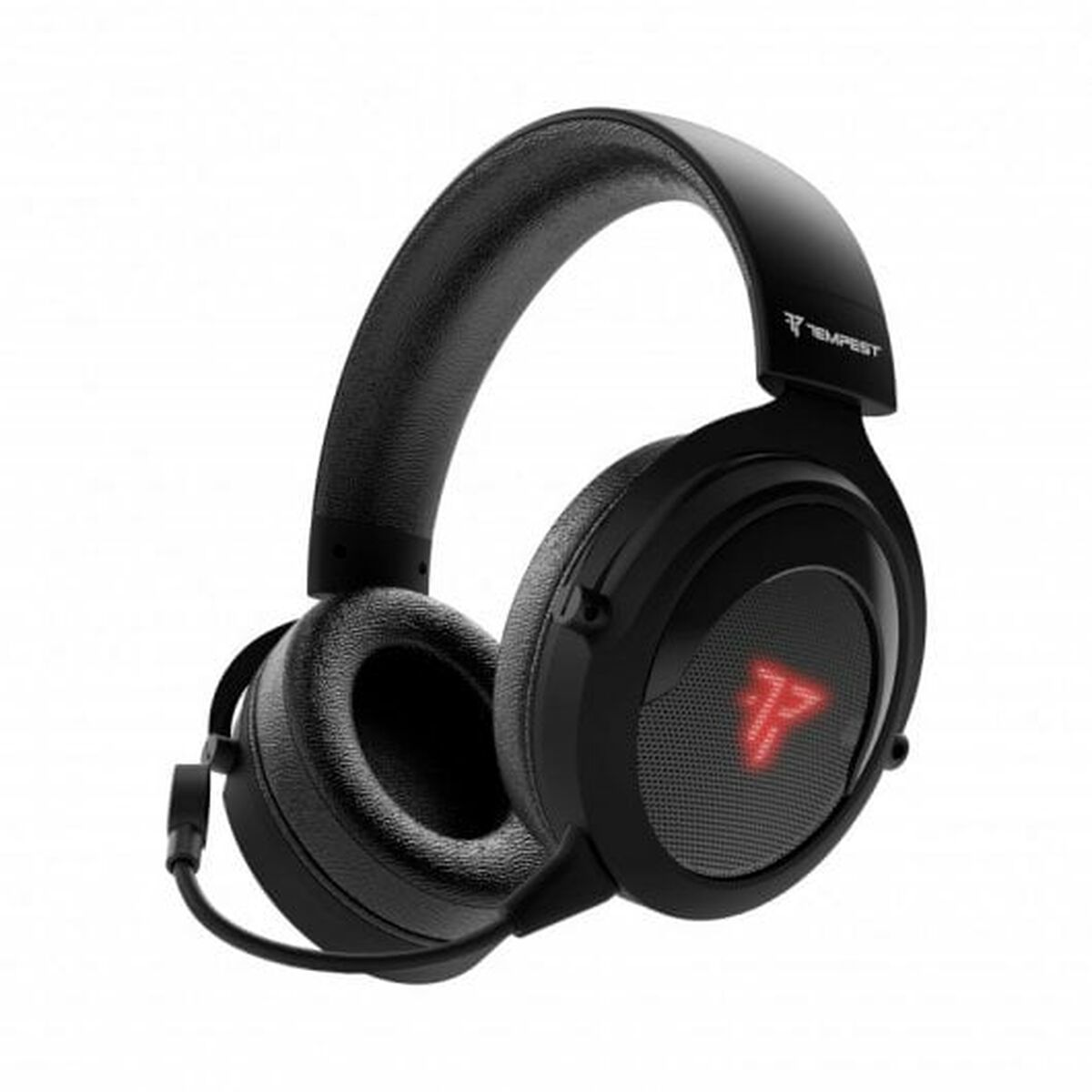 Cuffie Tempest nere. I padiglioni auricolari hanno un logo rosso illuminato. La fascia è curva e imbottita.