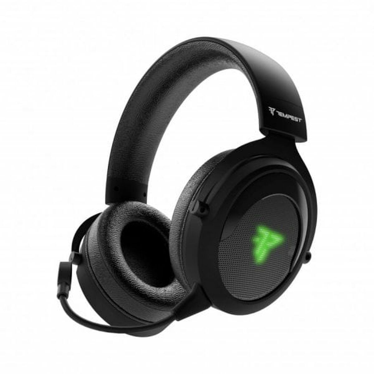 Cuffie gaming Tempest nere con logo verde illuminato. Le cuffie sono su sfondo bianco.