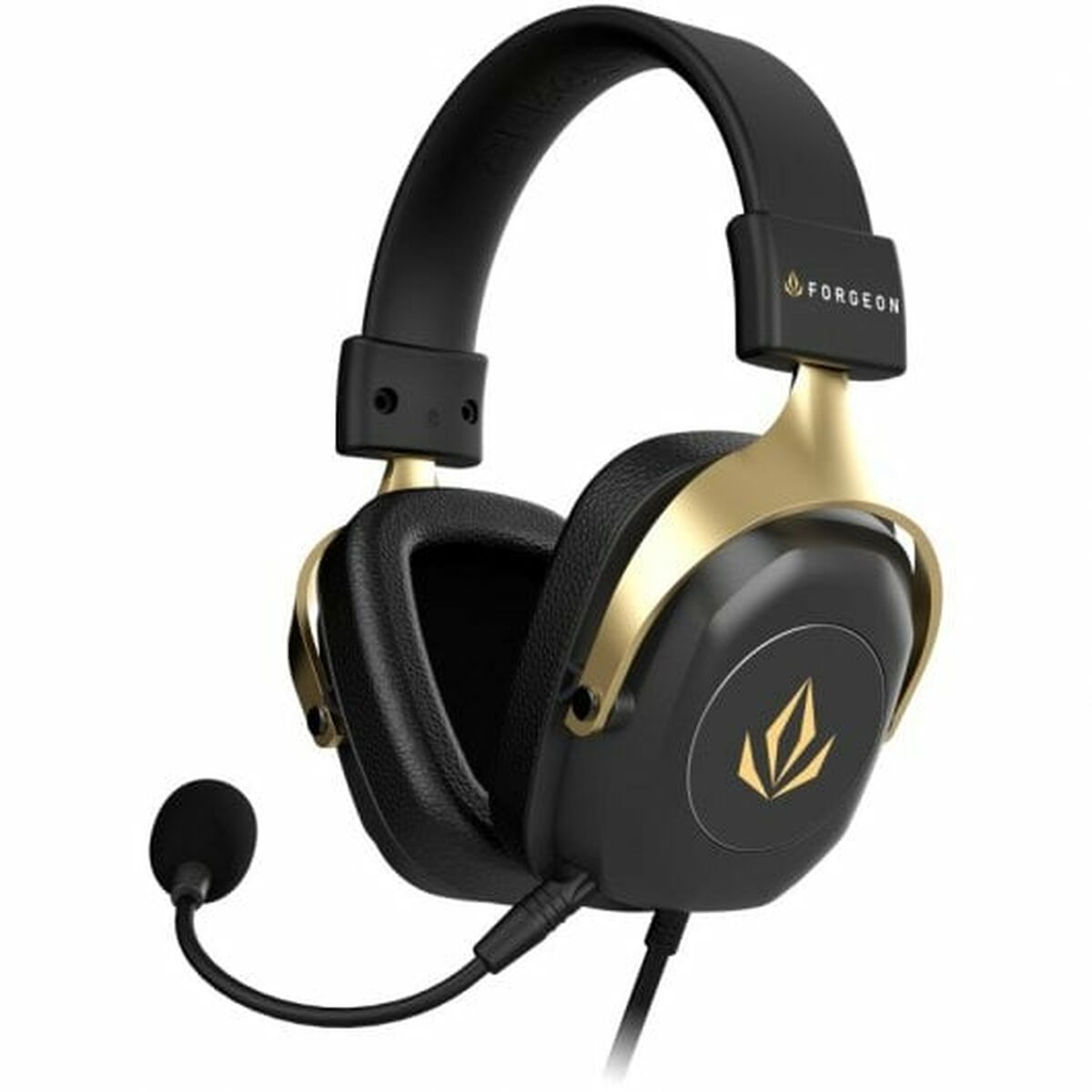 Cuffie da gioco nere e oro con microfono. Il marchio è Forgeon. Cavo nero presente.