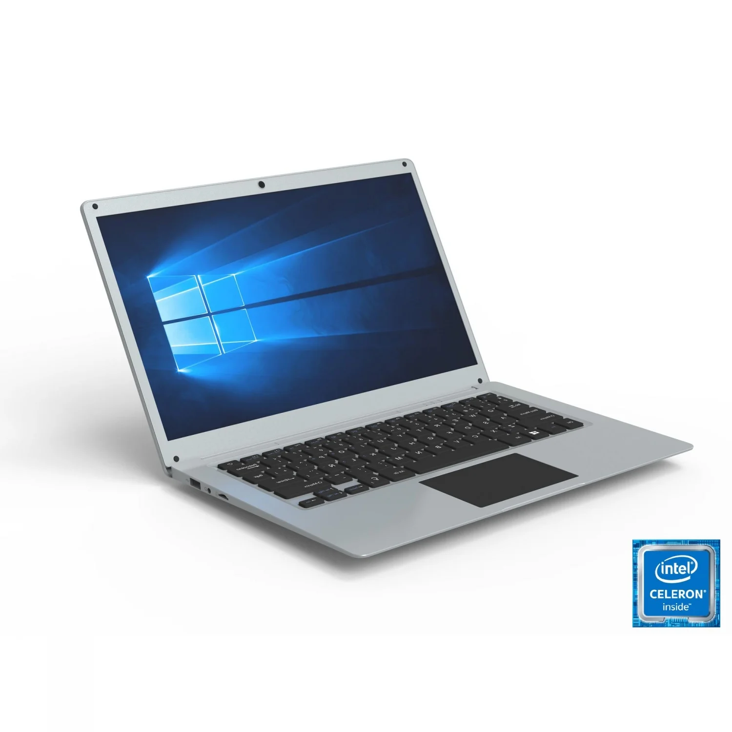 Srebrny laptop z czarną klawiaturą i niebieskim ekranem Windows, białe tło.