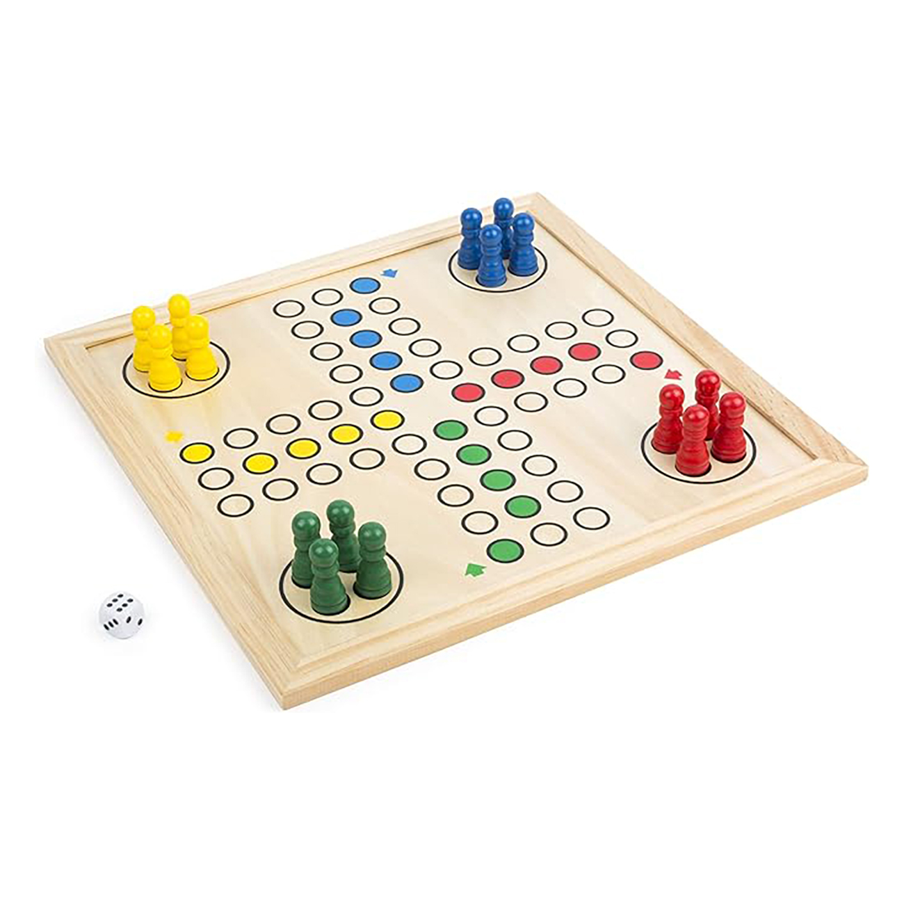 Ludo-Brettspiel mit bunten Stiften in Startpositionen, Würfel an der Seite, auf weißem Hintergrund.