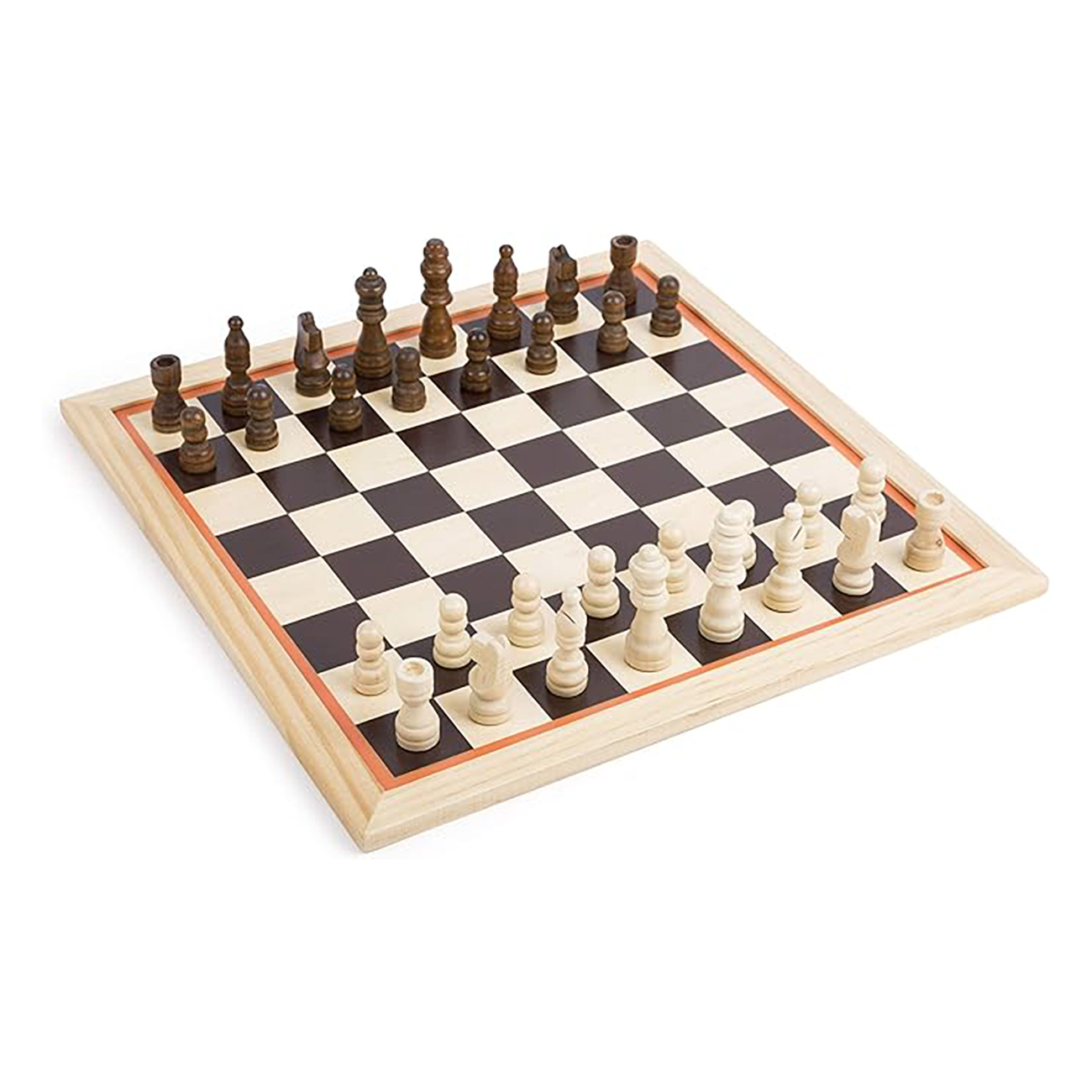 Schachbrett mit hellbraunem Holzrahmen und schwarz-weißen Feldern. Schachfiguren sind aufgestellt.
