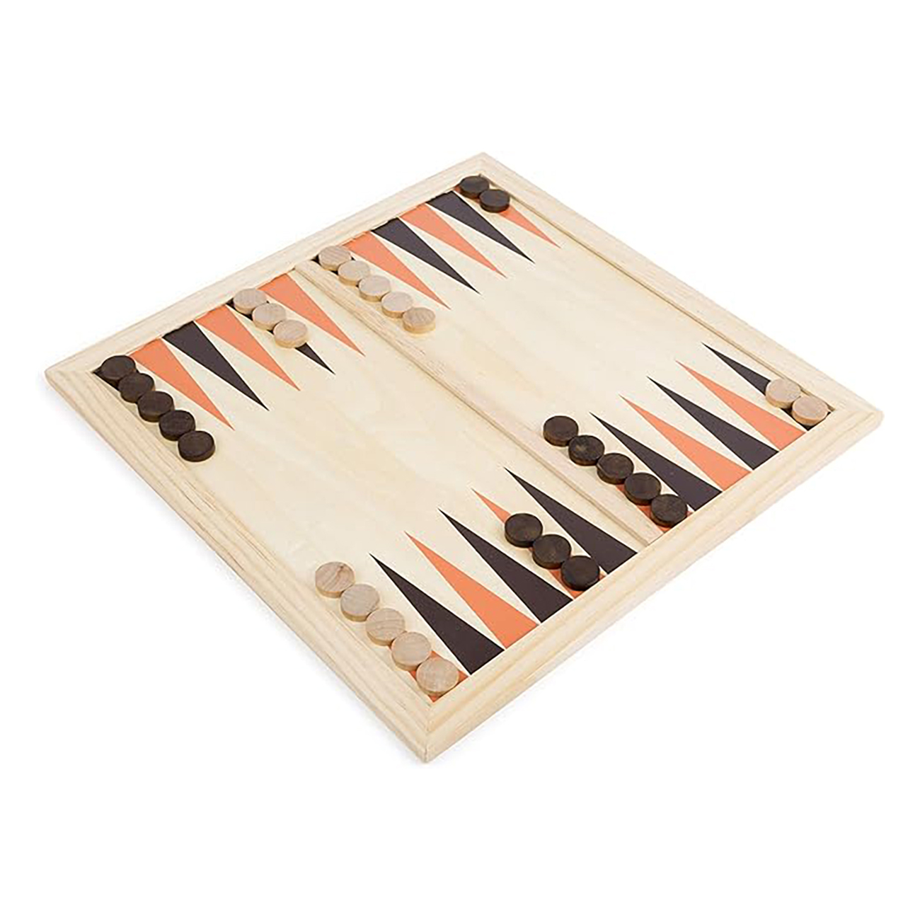 Backgammon-Brett mit Holzrahmen, mit schwarzen und beigen Steinen in Ausgangspositionen.