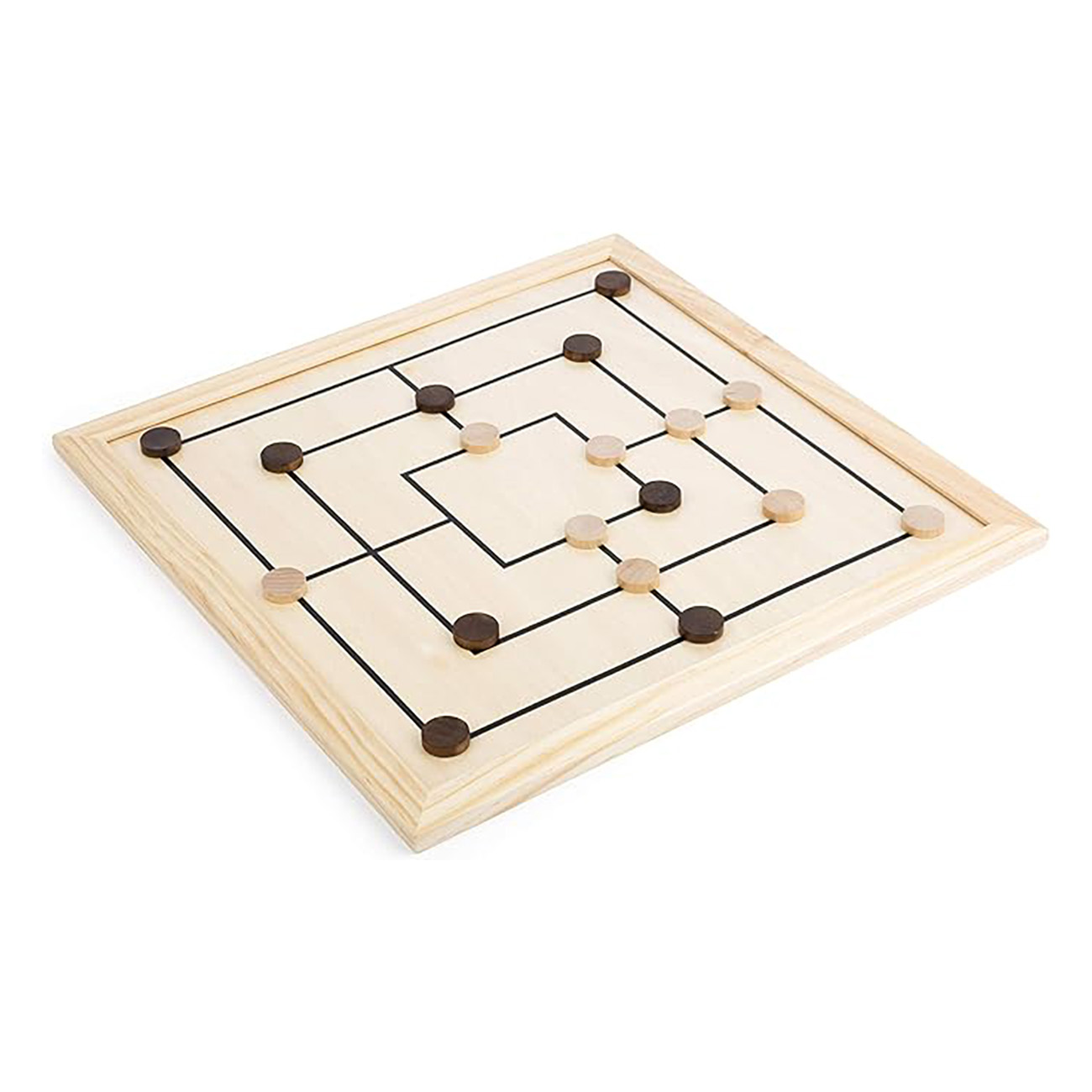 Brettspiel aus Holz mit schwarzen Linien und hellbraunen und dunkelbraunen Spielsteinen.