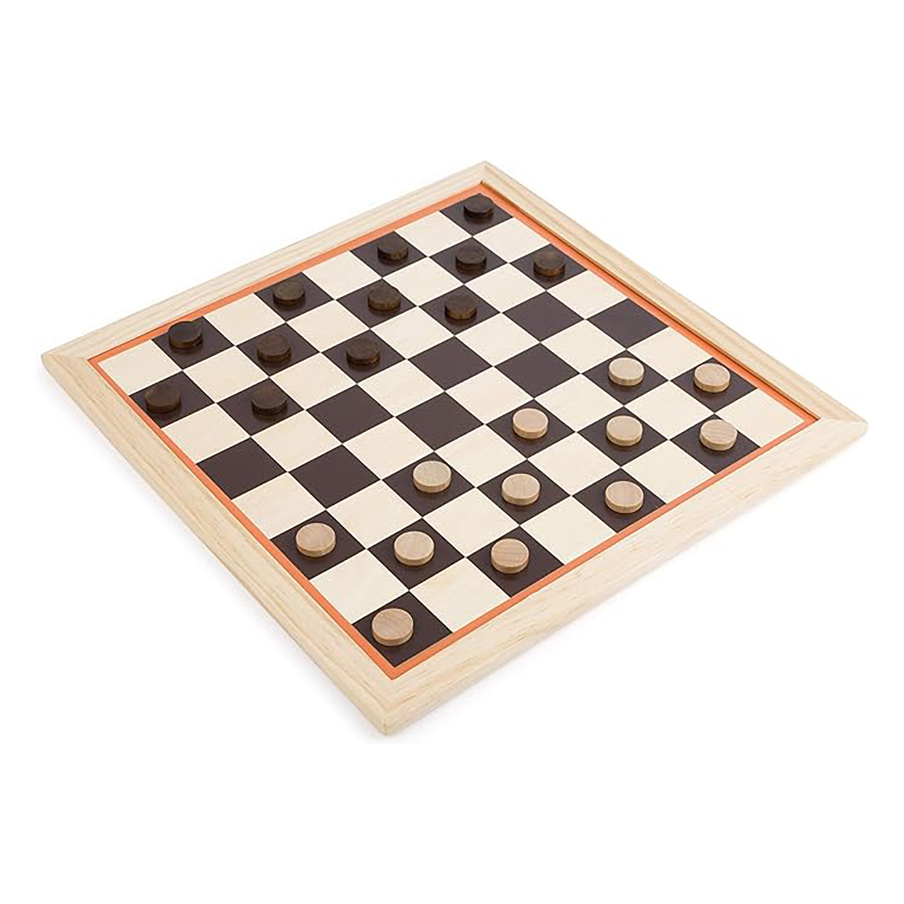Ein Schachbrett mit Holzrahmen, schwarzen und braunen Schachfiguren. Braune und schwarze Quadrate sind angeordnet.