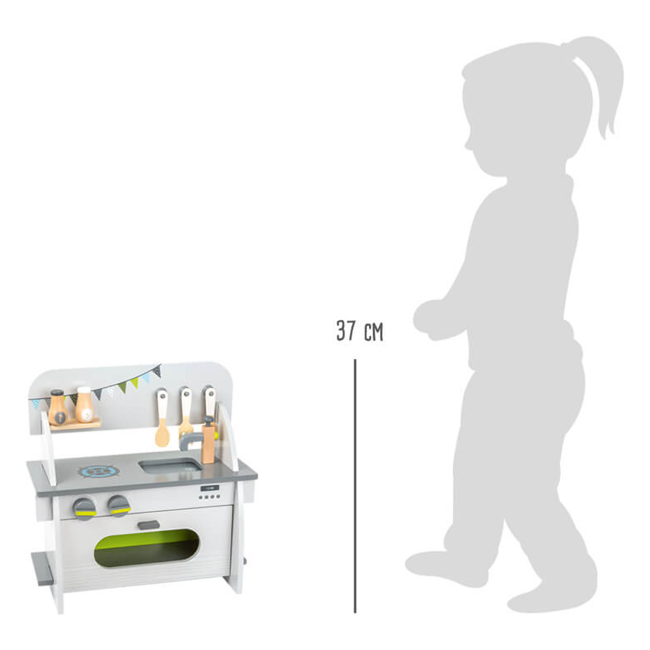 Ein Spielzeugküchenset mit einer Silhouette eines Kindes zum Maßstab.