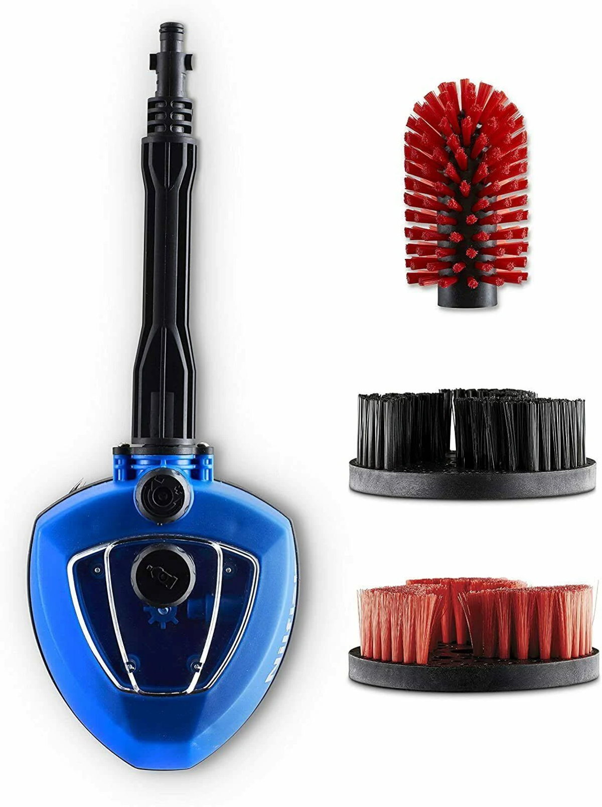 Dispositivo di pulizia blu con tre testine. Le testine sono rosse e nere.