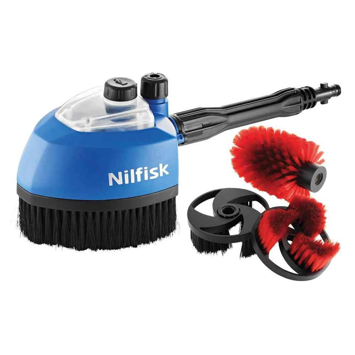 Spazzola per la pulizia Nilfisk blu e nera con più accessori. Sfondo bianco.