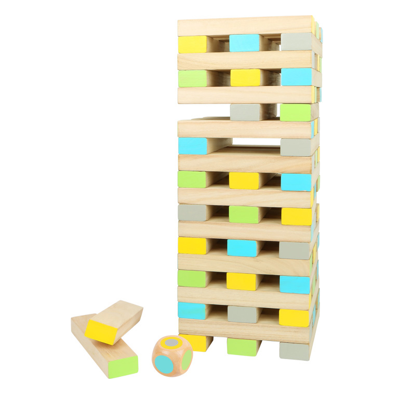 Ein Jenga-Spiel mit bunten Blöcken und einem Würfel auf weißem Hintergrund. Einige Blöcke sind separat.