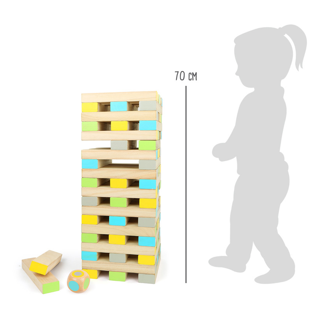 Holzblockturmspiel mit bunten Blöcken, einem Würfel und einer Kindersilhouette.