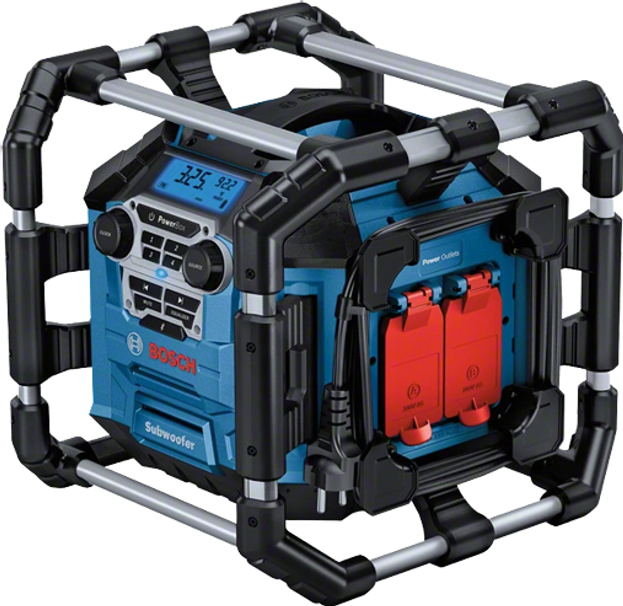 Niebiesko-czarne radio Bosch PowerBox z ramą ochronną, czerwonymi gniazdami i wyświetlaczem cyfrowym.