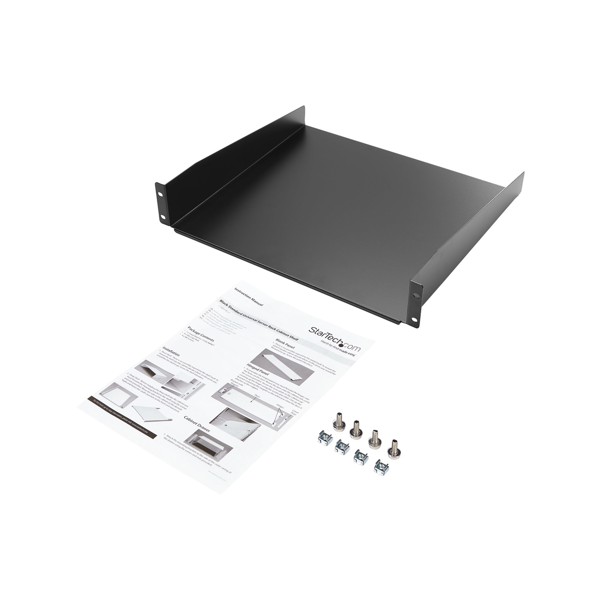 Schwarzes Server-Rack-Regal mit Anweisungen und Hardware auf weißem Hintergrund.