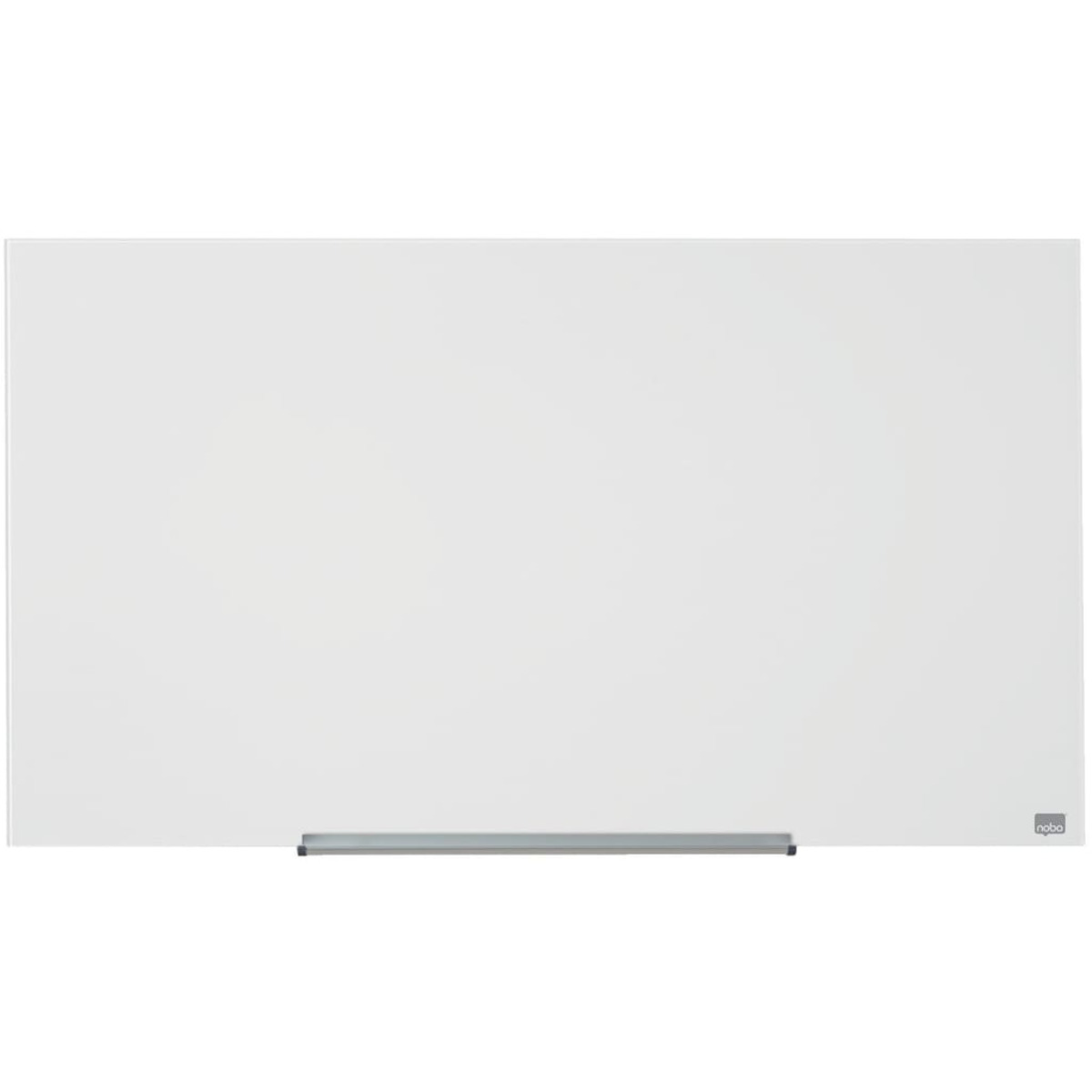 Weiße Glaswandtafel mit Metallleiste unten und kleinem 'nobo'-Logo in der Ecke.