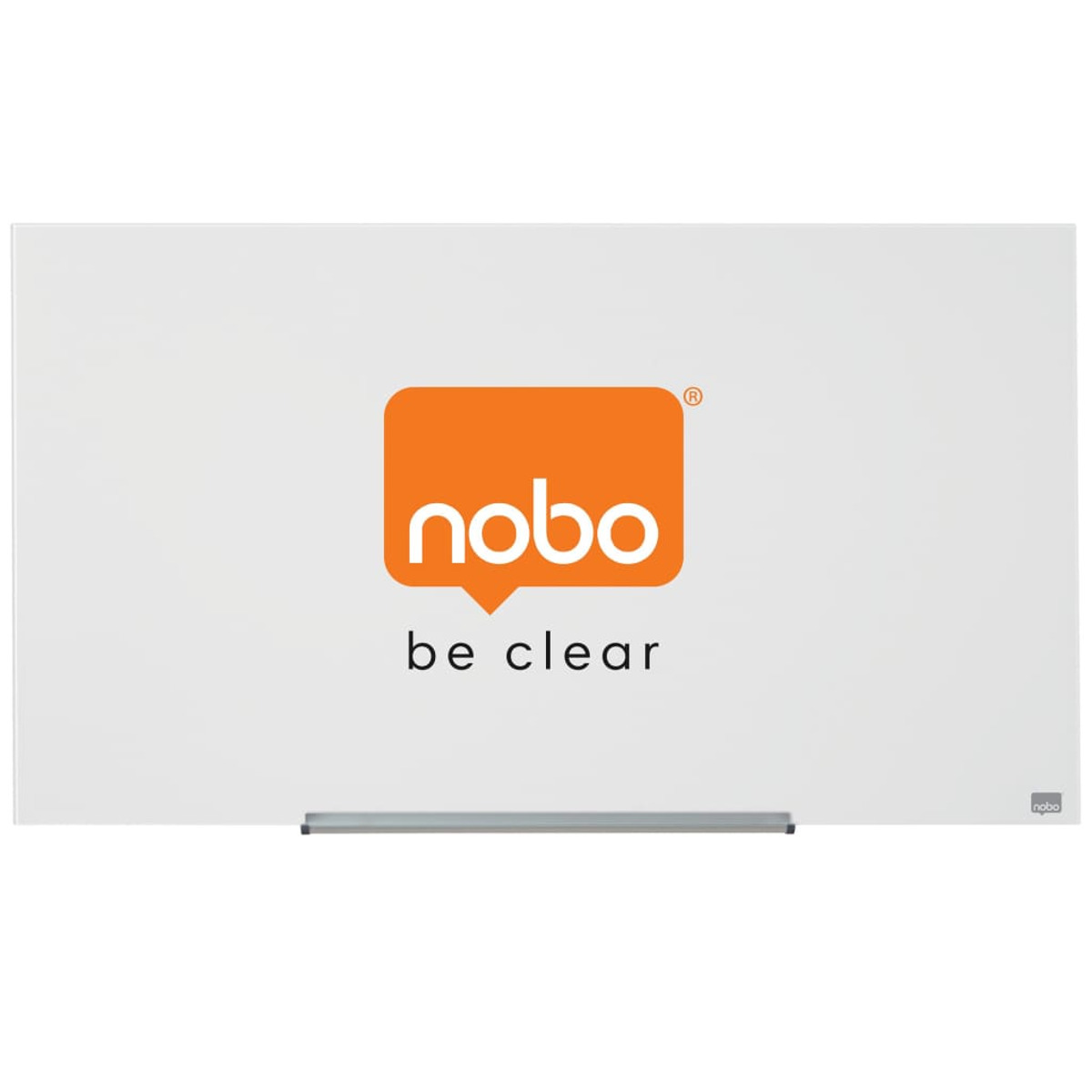 Eine weiße Tafel mit einem orangefarbenen Logo mit der Aufschrift "nobo be clear" und einer silbernen Leiste unten.
