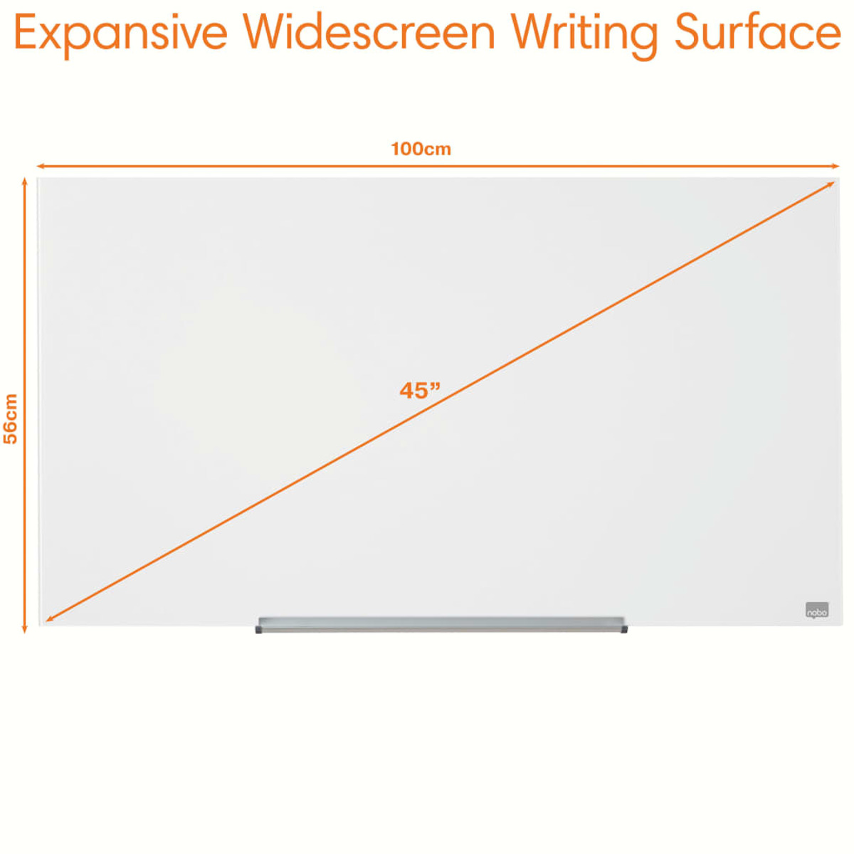 Weiße Whiteboard mit den Maßen: 100cm breit, 56cm hoch und 45" Diagonale, weißer Hintergrund.