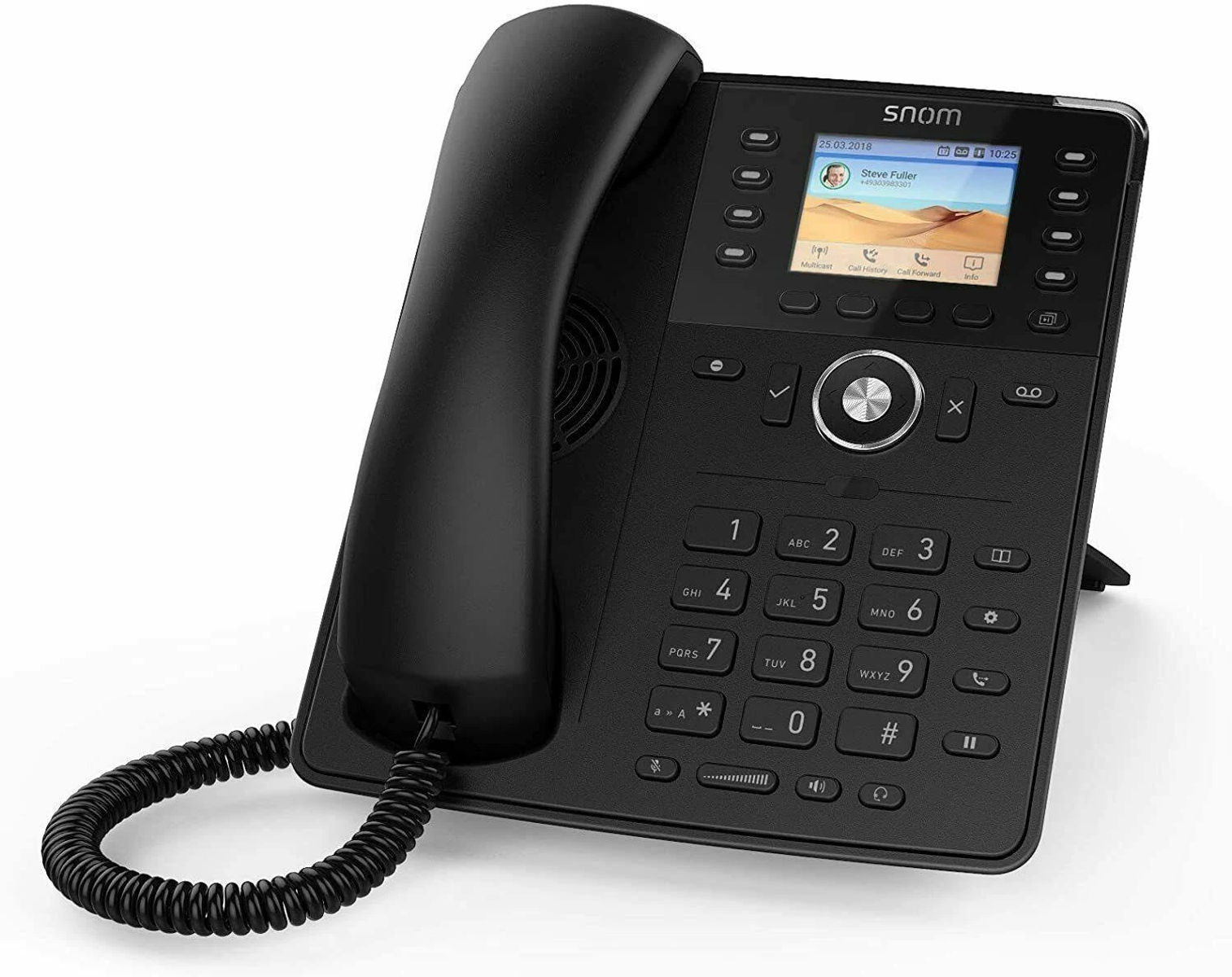 Czarny telefon biurowy z ekranem wyświetlającym kontakt i klawiaturę numeryczną.