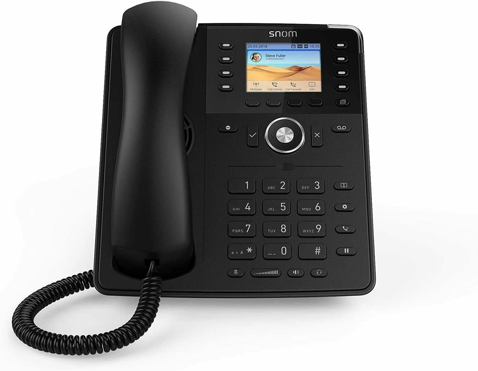 Czarny telefon biurowy z ekranem, przyciskami i zwiniętym kablem na białej powierzchni.