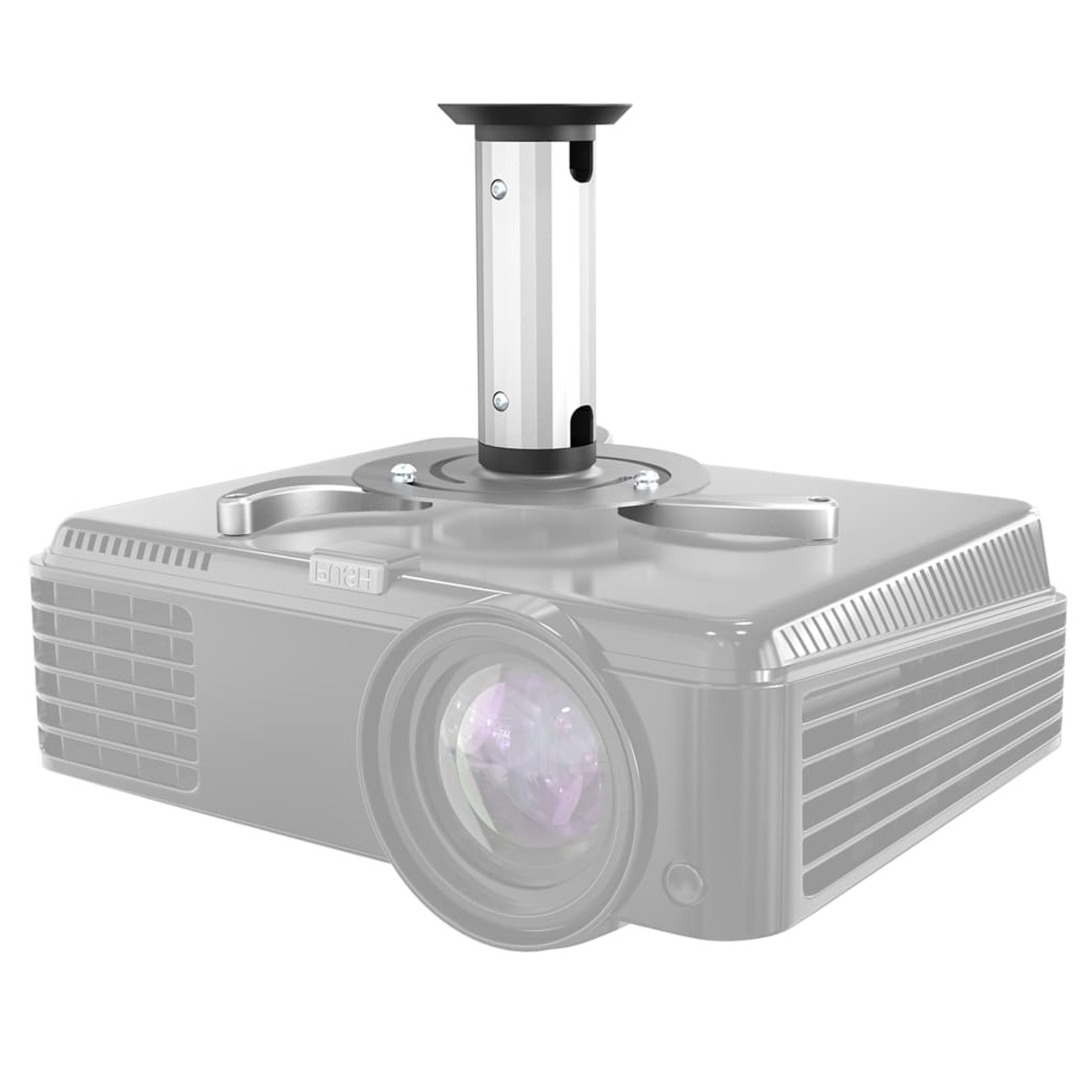 Projektor przymocowany do uchwytu sufitowego. Projektor jest srebrny, uchwyt również.