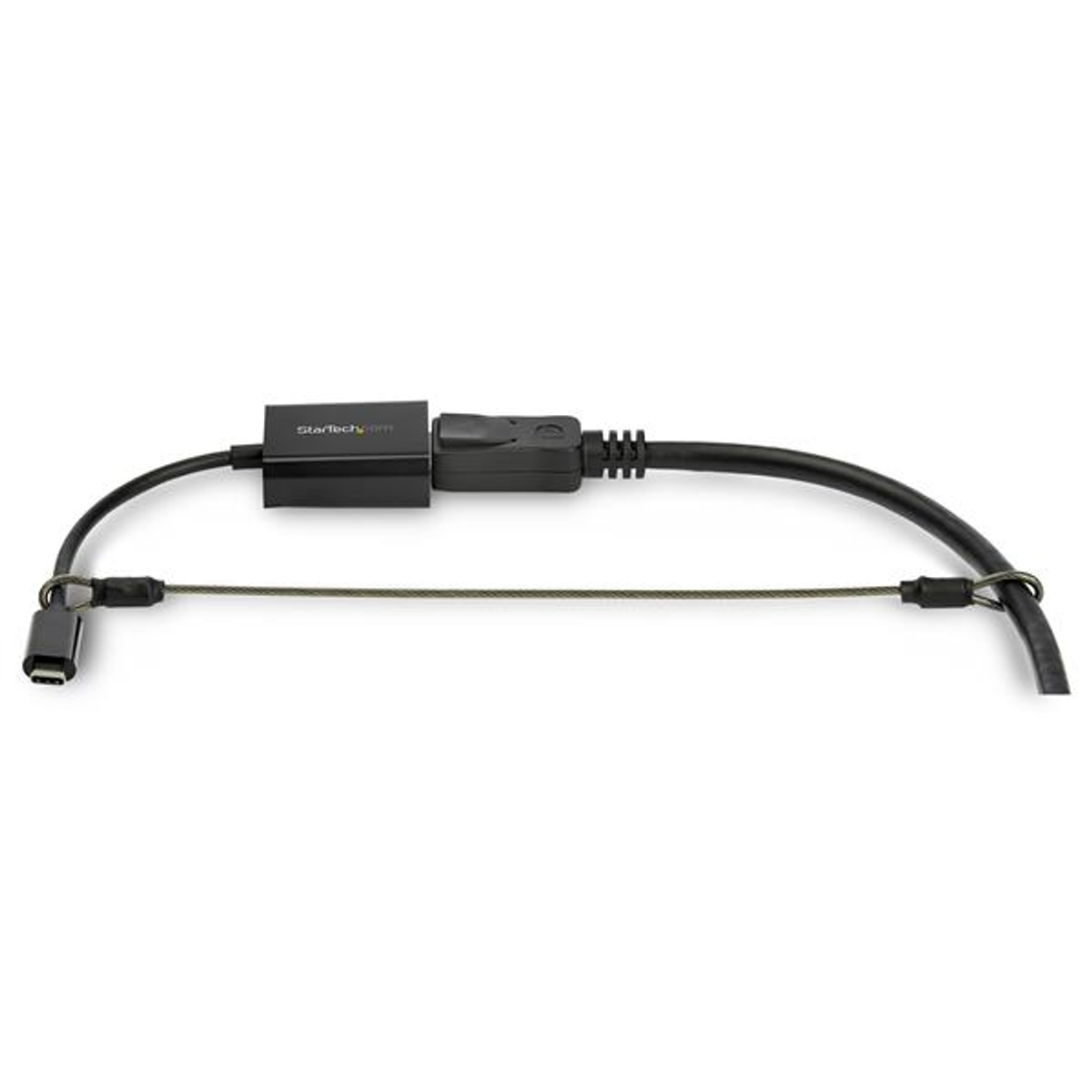 Ein schwarzes Kabel mit einem USB-C-Anschluss, einem Datenübertragungsanschluss und einem kabelgebundenen Tether.