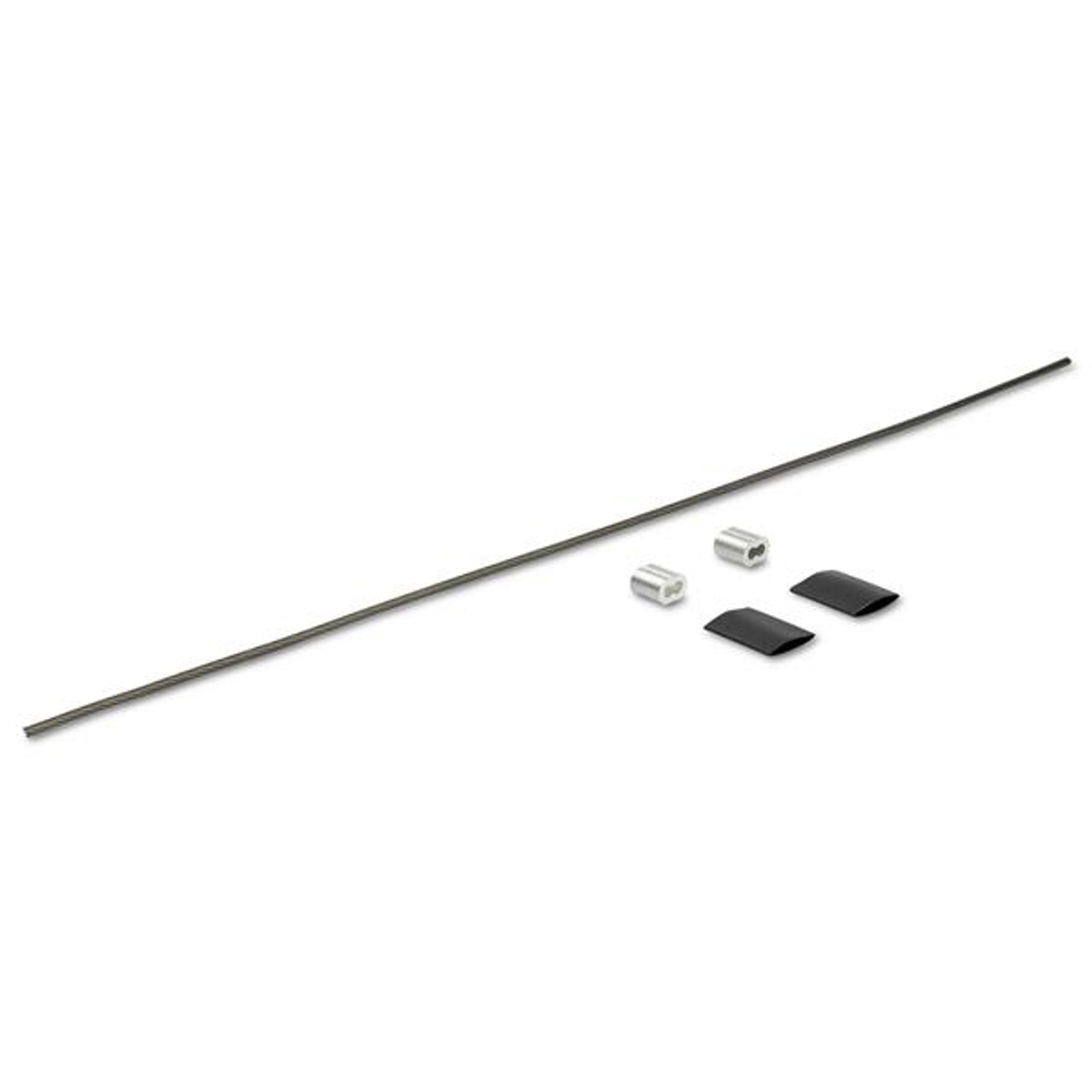 Ein gerader, dunkler Metallstab mit zwei kleinen Metallzylindern und zwei schwarzen Kappen.